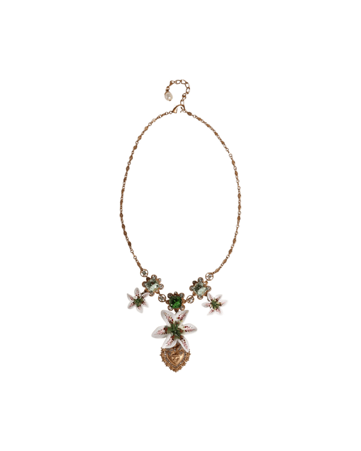 Dolce & Gabbana Gold Brass Lily Crystal Sacred Heart Pendant Necklace Necklaces