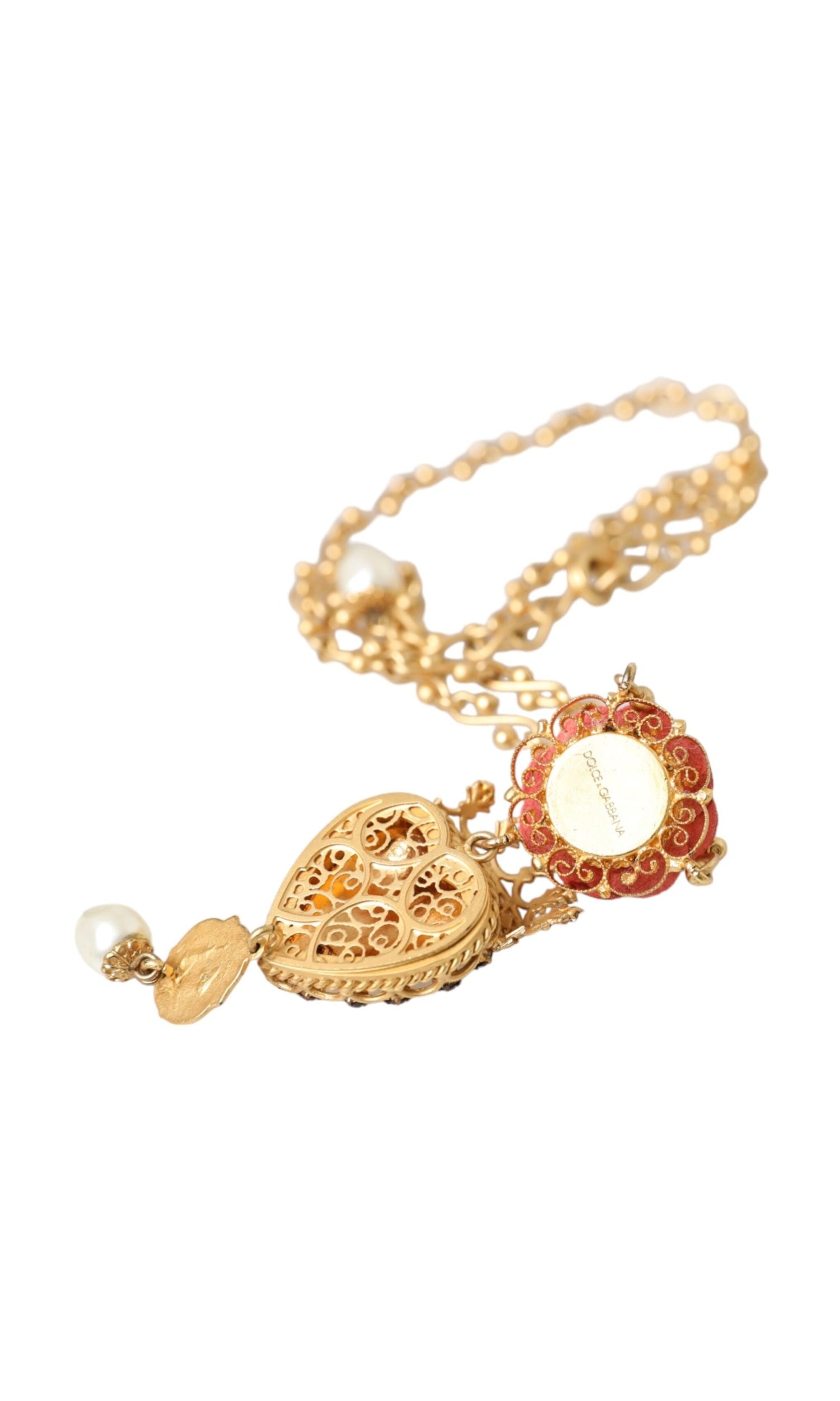 Dolce & Gabbana Brasschain Sacred Heart Rose Crystal Charm Gold Necklace Glam Steals