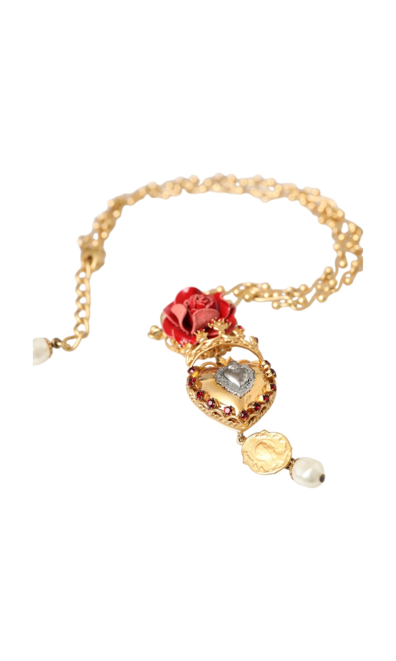 Dolce & Gabbana Brasschain Sacred Heart Rose Crystal Charm Gold Necklace Glam Steals