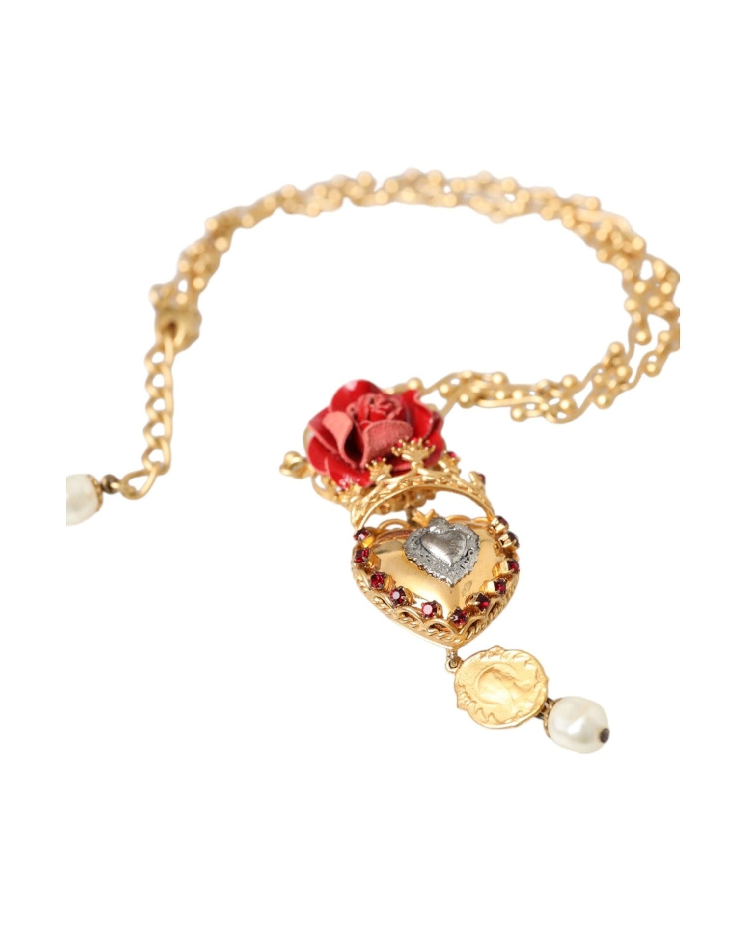 Dolce & Gabbana Brasschain Sacred Heart Rose Crystal Charm Gold Necklace Glam Steals