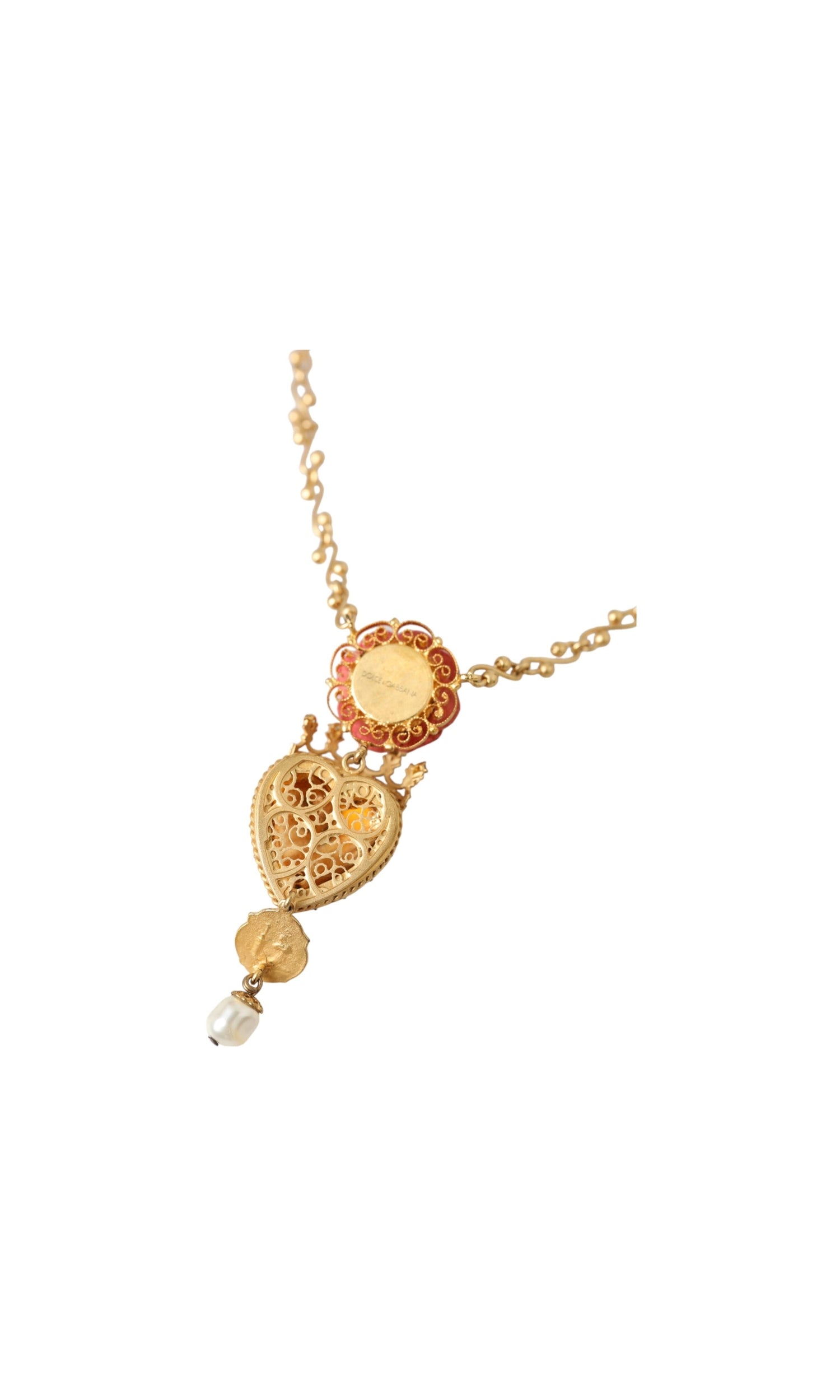 Dolce & Gabbana Brasschain Sacred Heart Rose Crystal Charm Gold Necklace Glam Steals