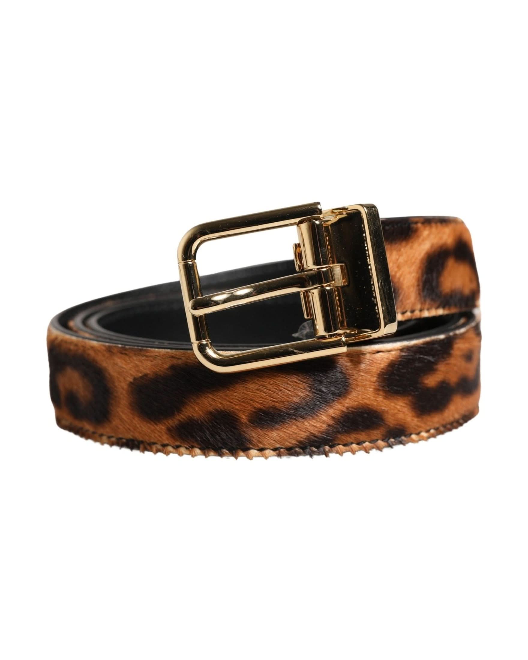 Dolce & Gabbana Brown Calf Fur Leopard Metal Buckle Belt