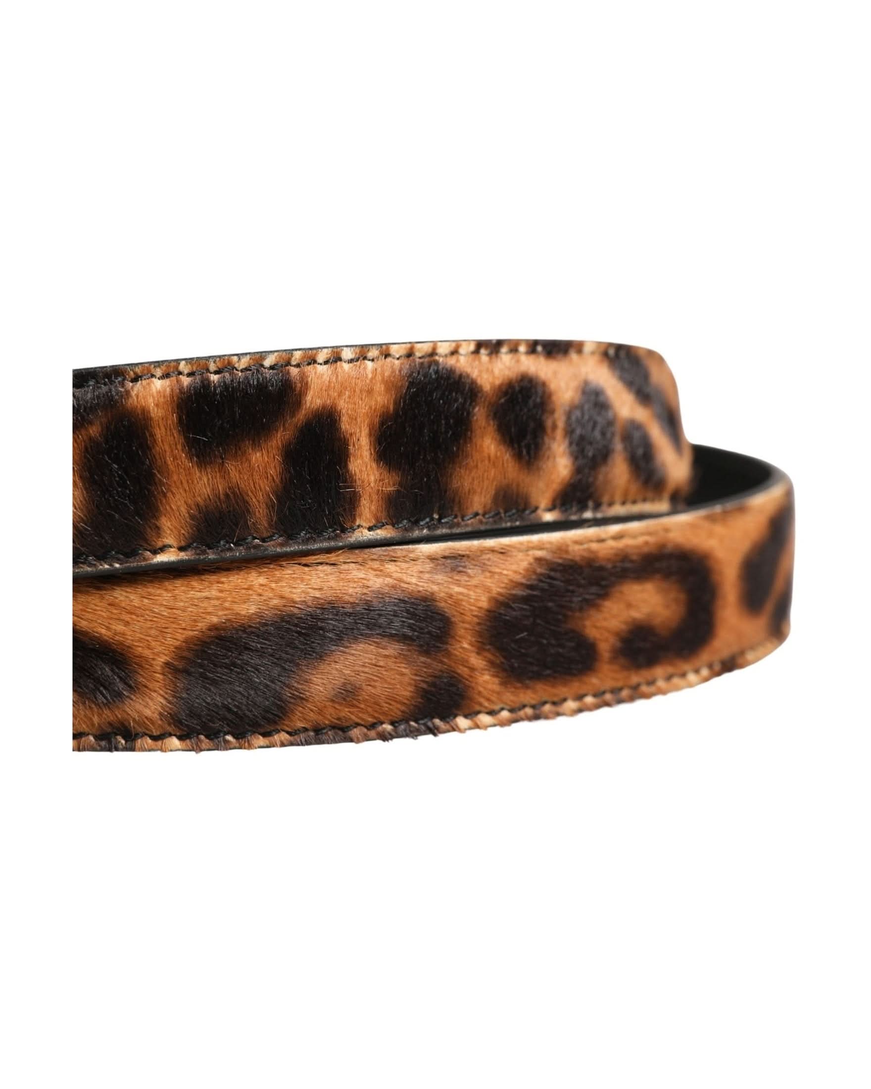 Dolce & Gabbana Brown Calf Fur Leopard Metal Buckle Belt