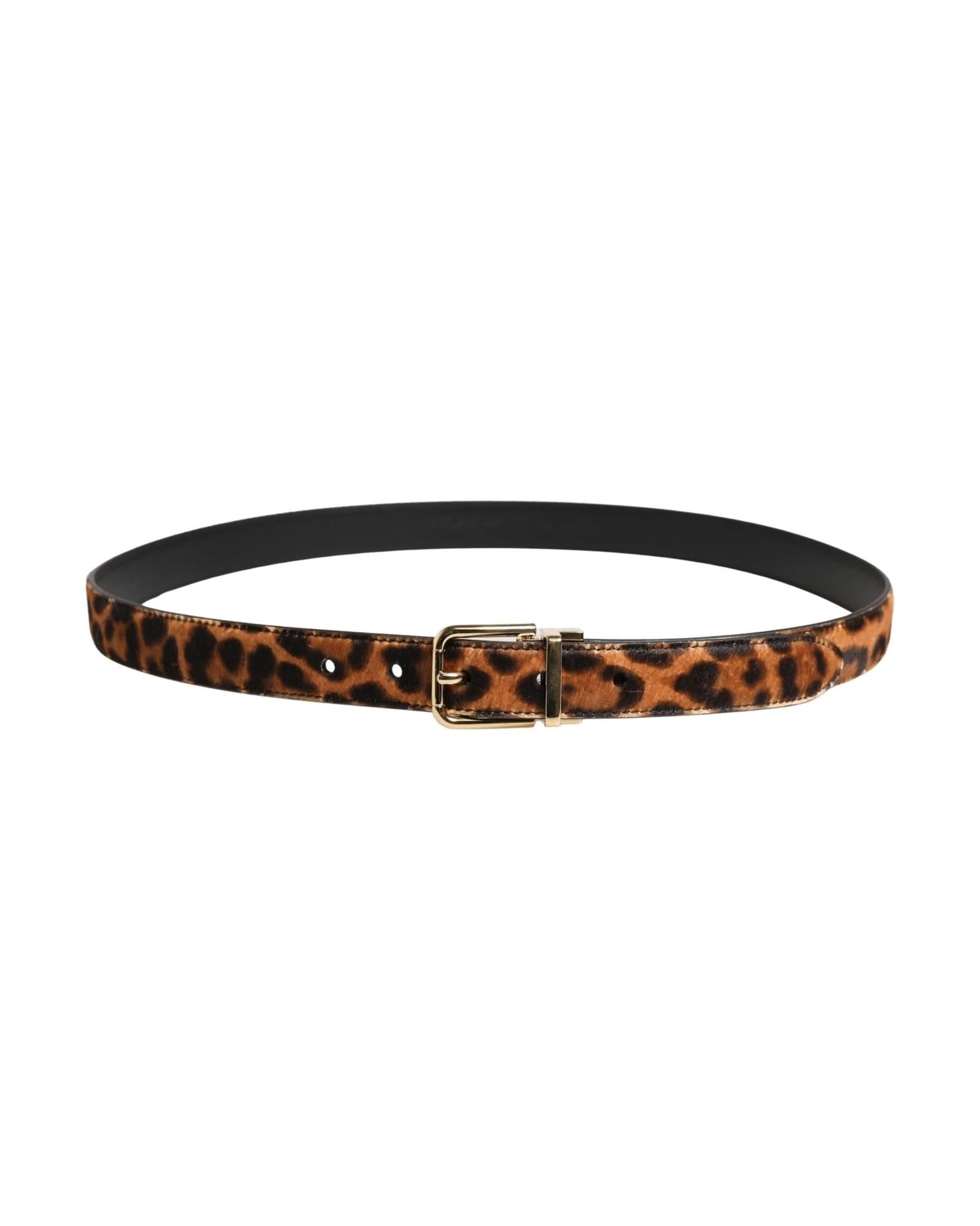 Dolce & Gabbana Brown Calf Fur Leopard Metal Buckle Belt