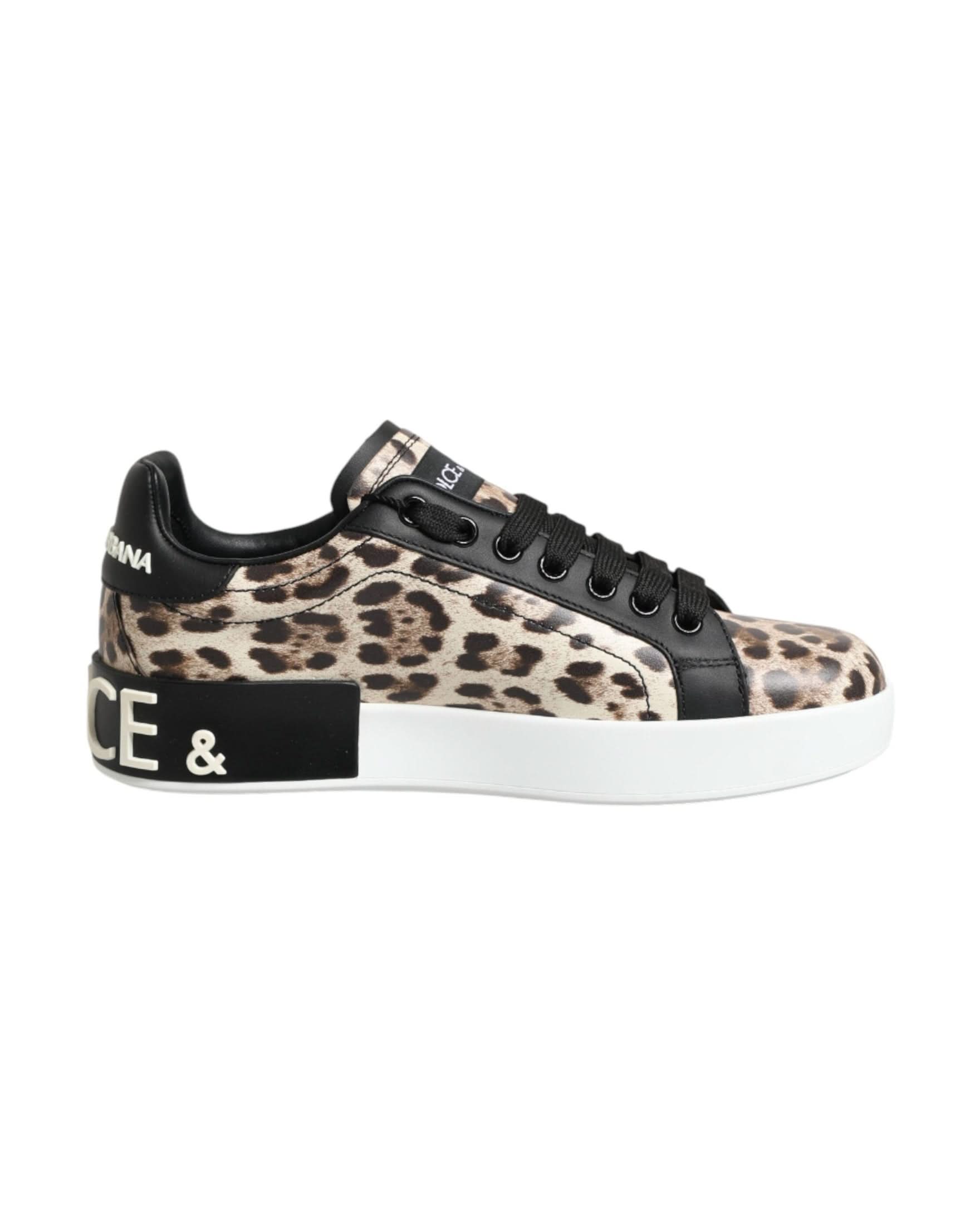 Dolce & Gabbana Brown Leather Leopard Low Top Sneakers Shoes Sneakers
