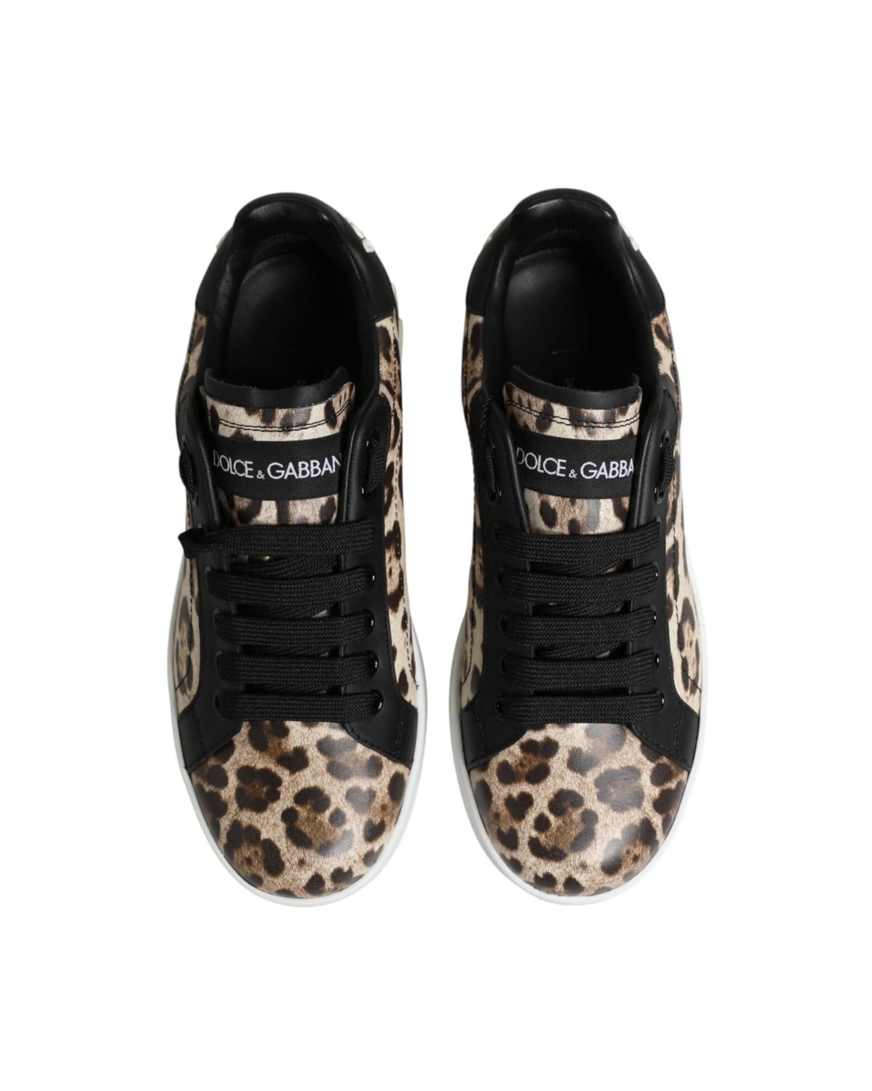 Dolce & Gabbana Brown Leather Leopard Low Top Sneakers Shoes Sneakers