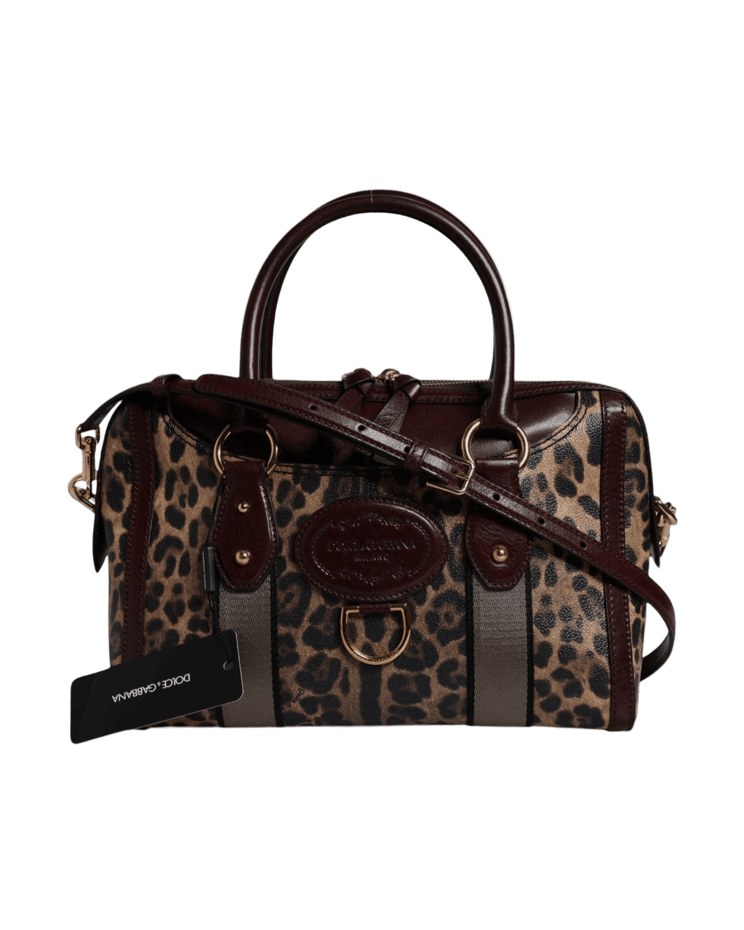 Dolce & Gabbana Brown Leather Leopard Shoulder Strap Duffle Bag Duffel Bags