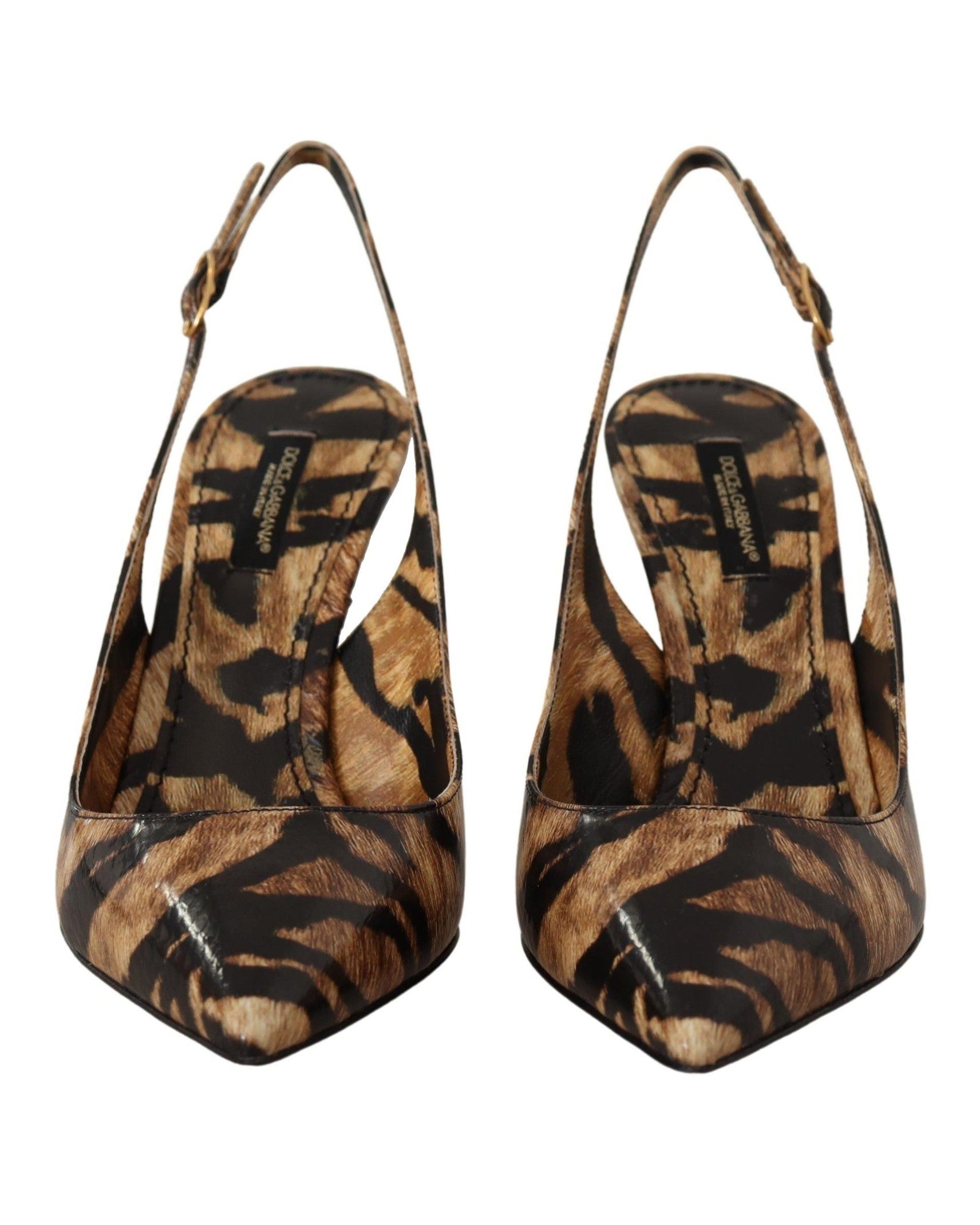 Dolce & Gabbana Brown Leather Slingbacks Tiger Shoes Heels