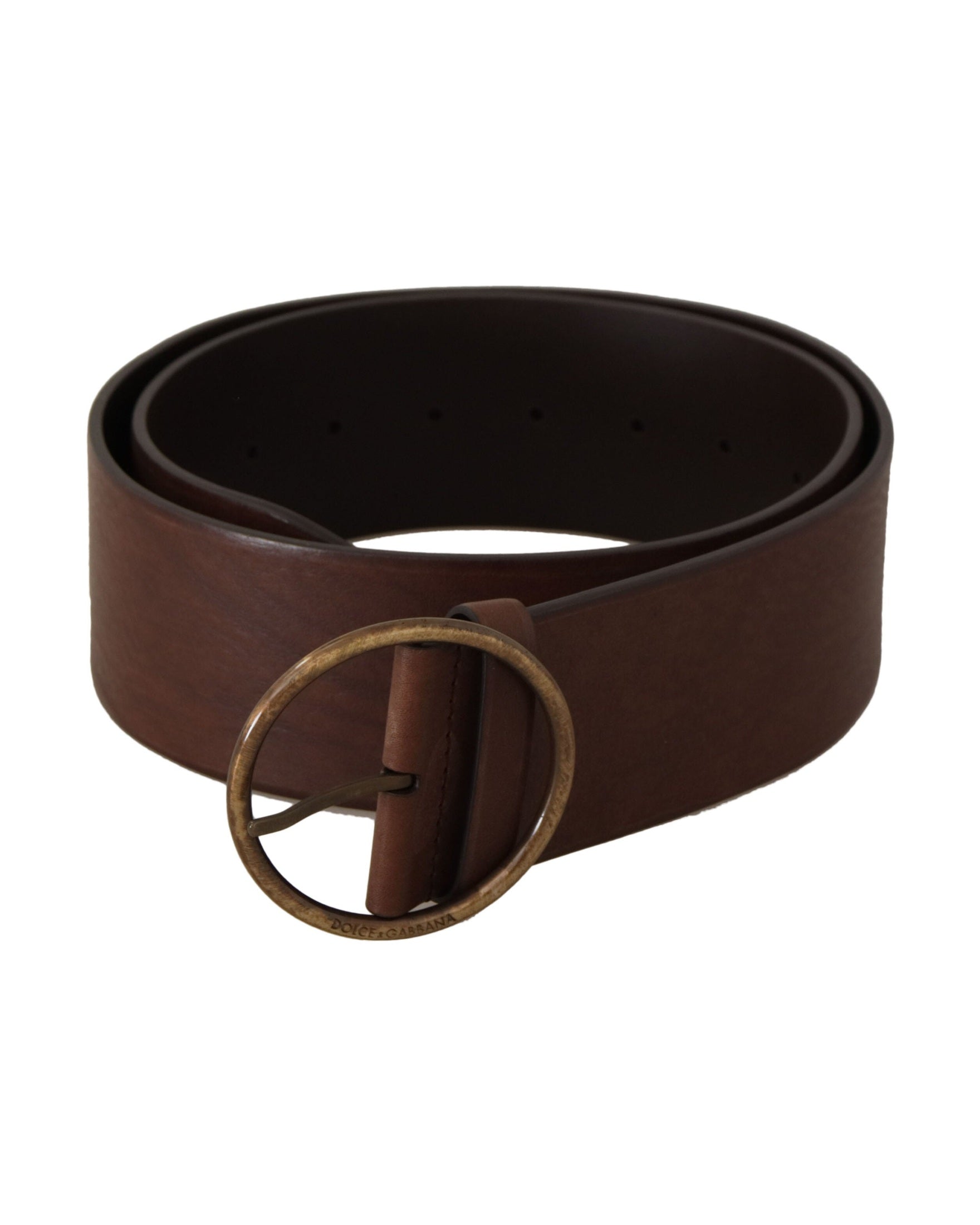 Dolce & Gabbana Brown Leather Wide Waist Logo Metal Round Buckle Belt Glam Steals