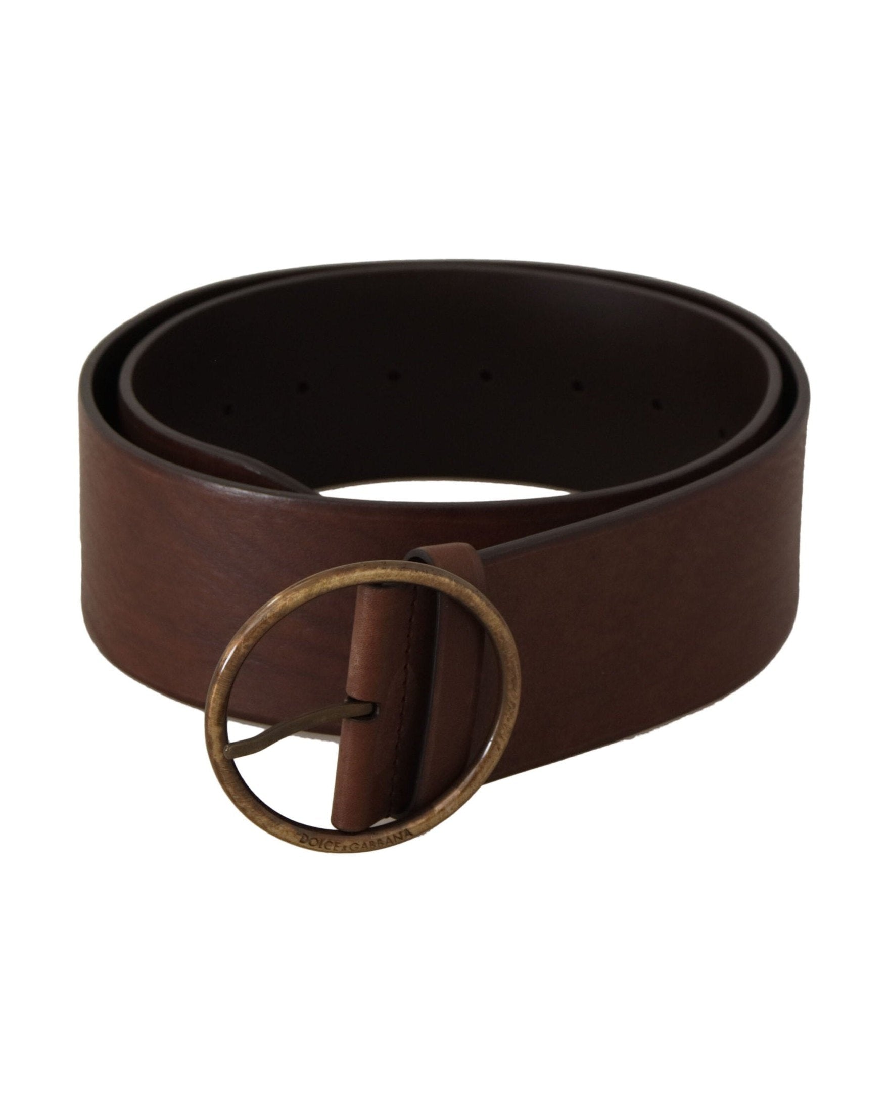 Dolce & Gabbana Brown Leather Wide Waist Logo Metal Round Buckle Belt Glam Steals
