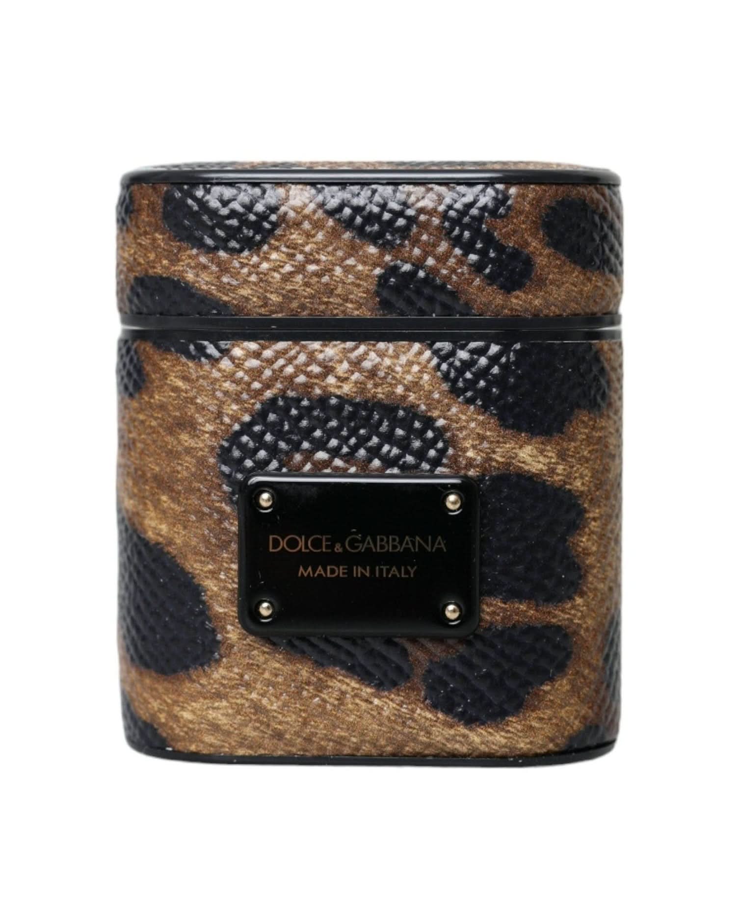 Dolce & Gabbana Brown Leopard Calf Leather Metal Logo Plaque Airpods Case Headphone & Headset Accessories