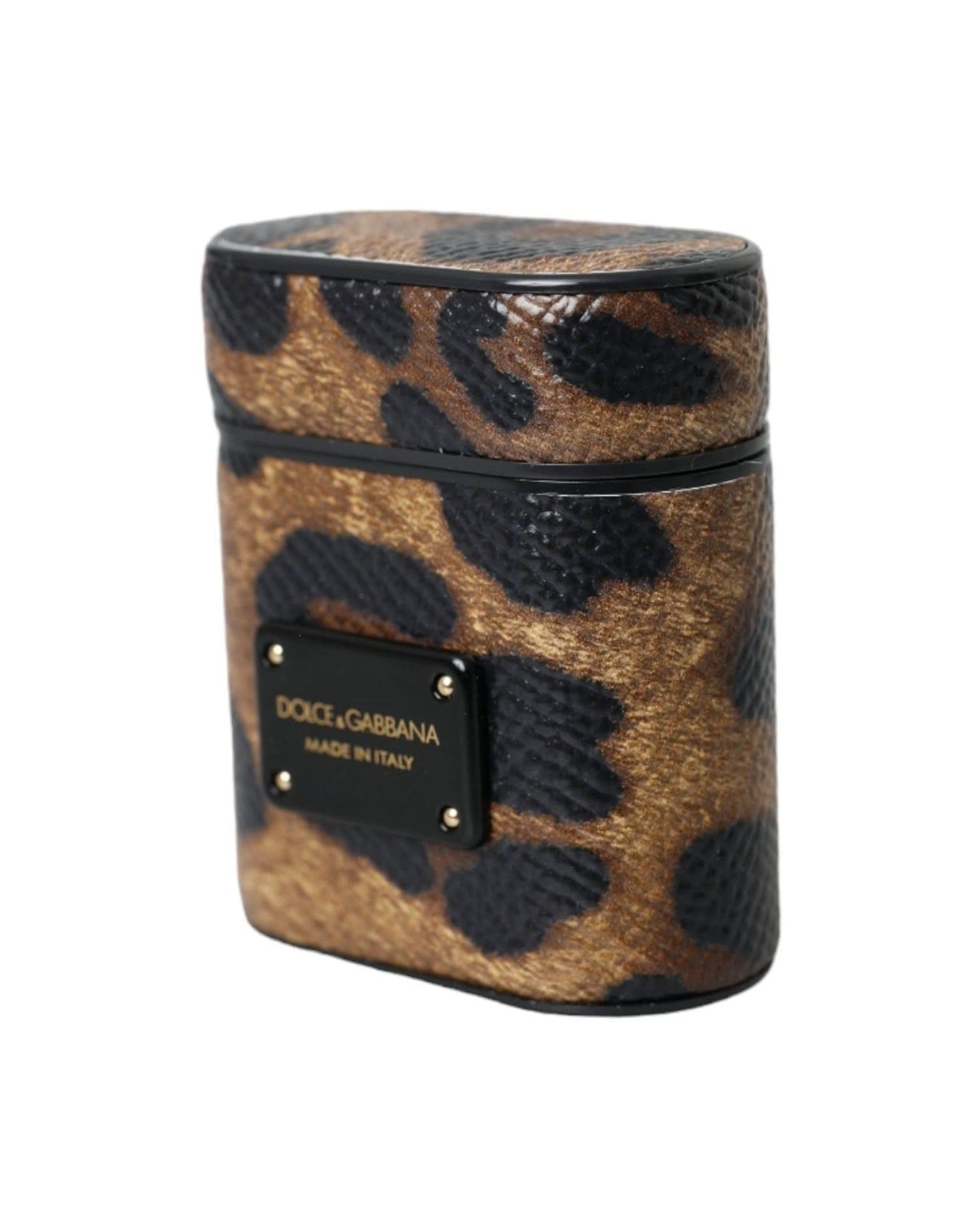 Dolce & Gabbana Brown Leopard Calf Leather Metal Logo Plaque Airpods Case Headphone & Headset Accessories