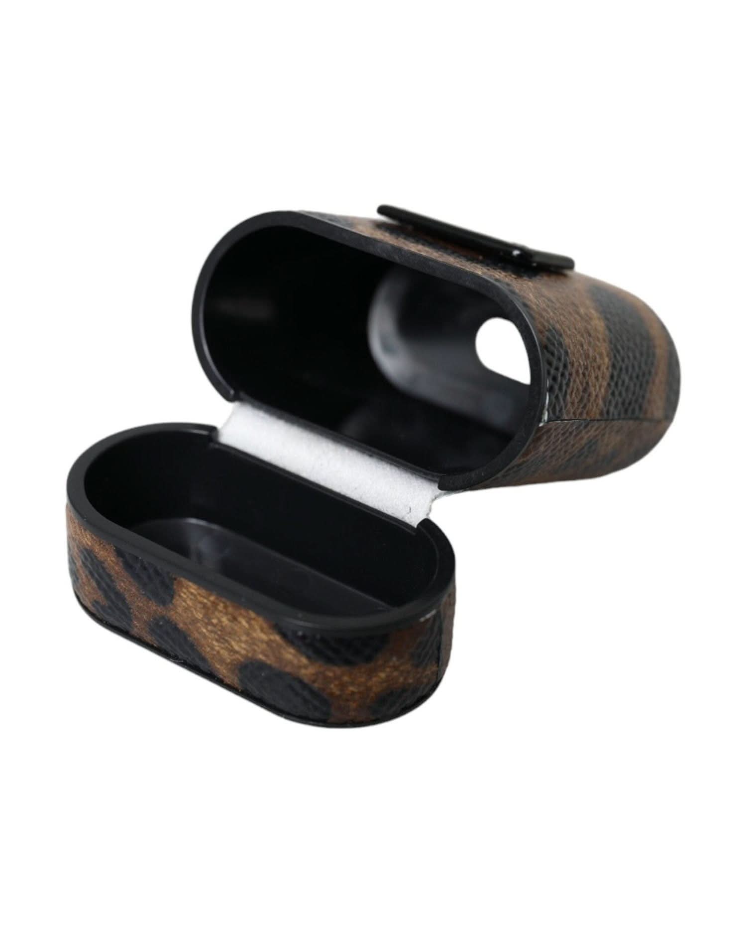 Dolce & Gabbana Brown Leopard Calf Leather Metal Logo Plaque Airpods Case Headphone & Headset Accessories