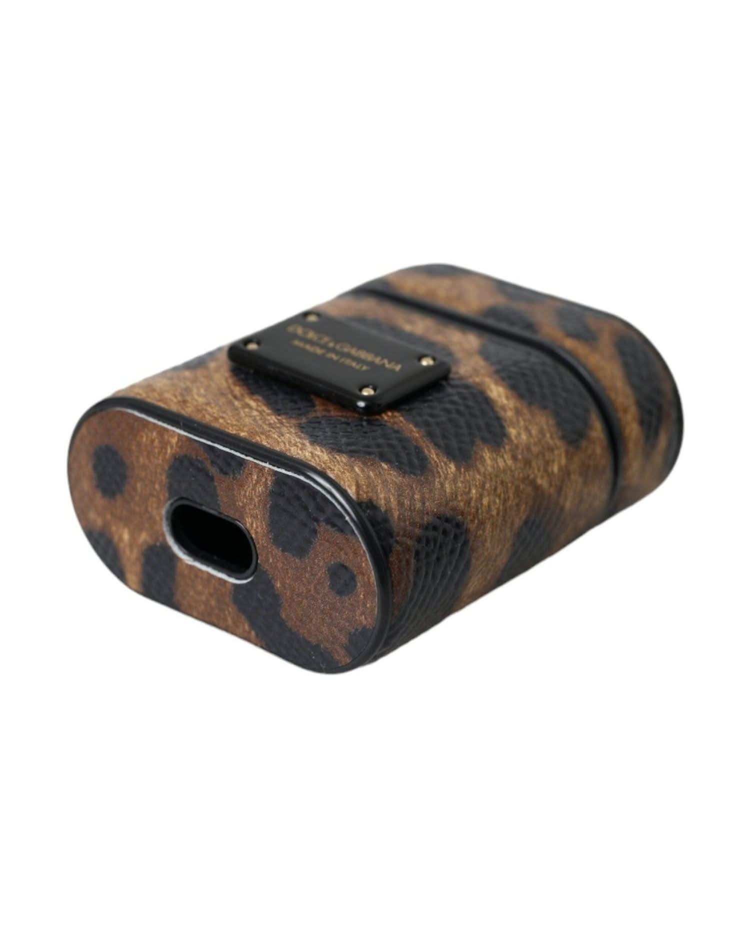 Dolce & Gabbana Brown Leopard Calf Leather Metal Logo Plaque Airpods Case Headphone & Headset Accessories