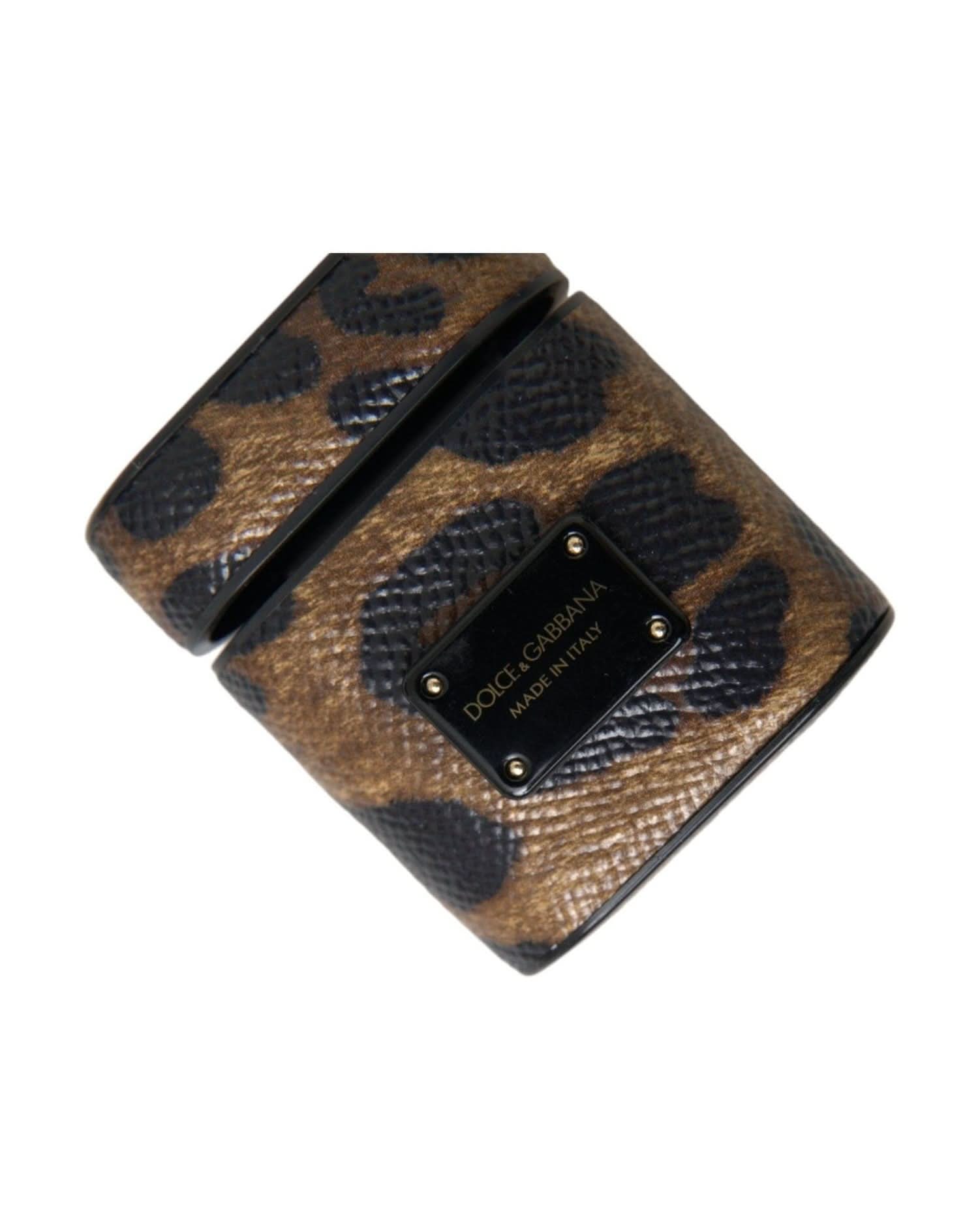 Dolce & Gabbana Brown Leopard Calf Leather Metal Logo Plaque Airpods Case Headphone & Headset Accessories
