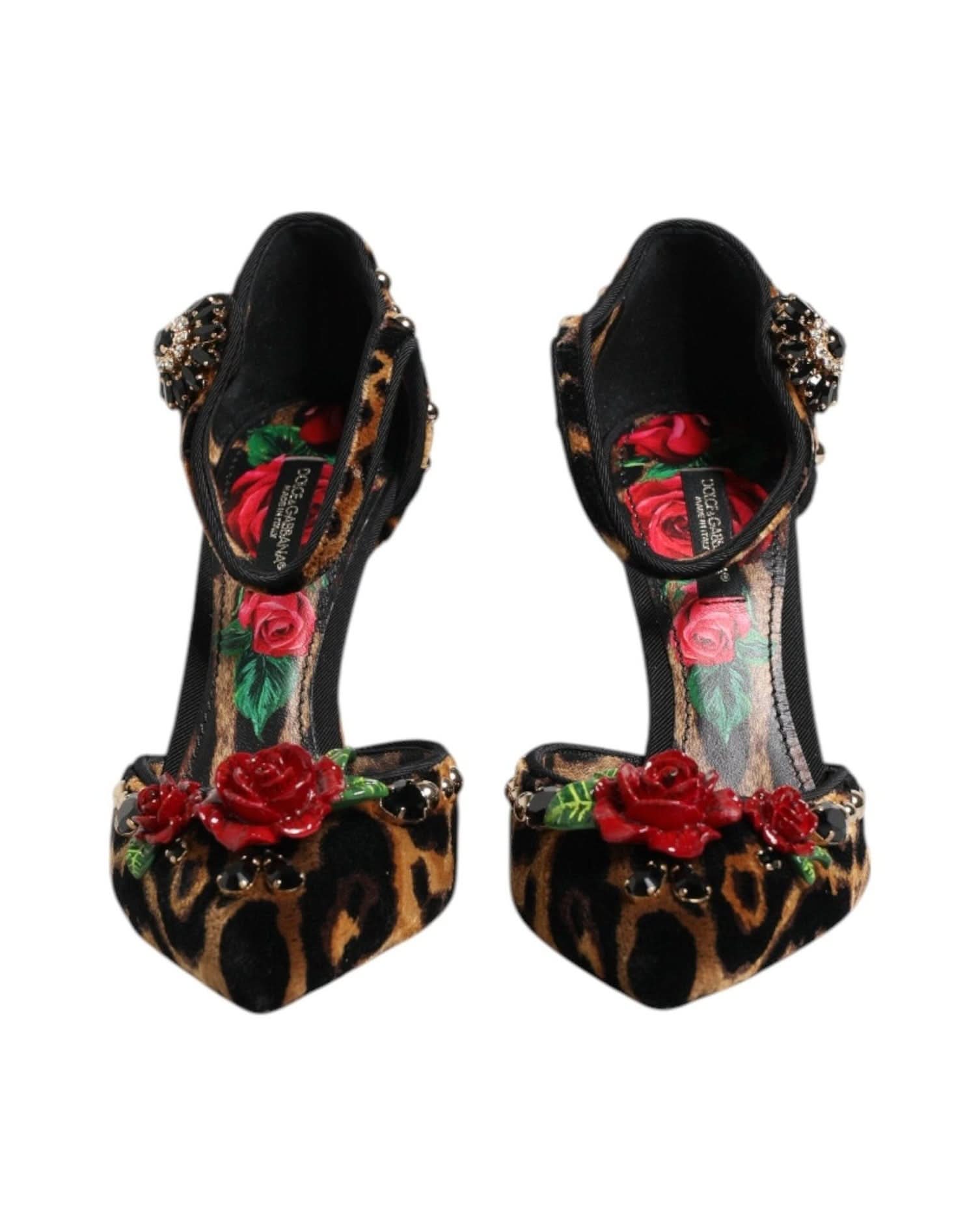 Dolce & Gabbana Brown Leopard Crystal Roses Pumps Shoes Heels