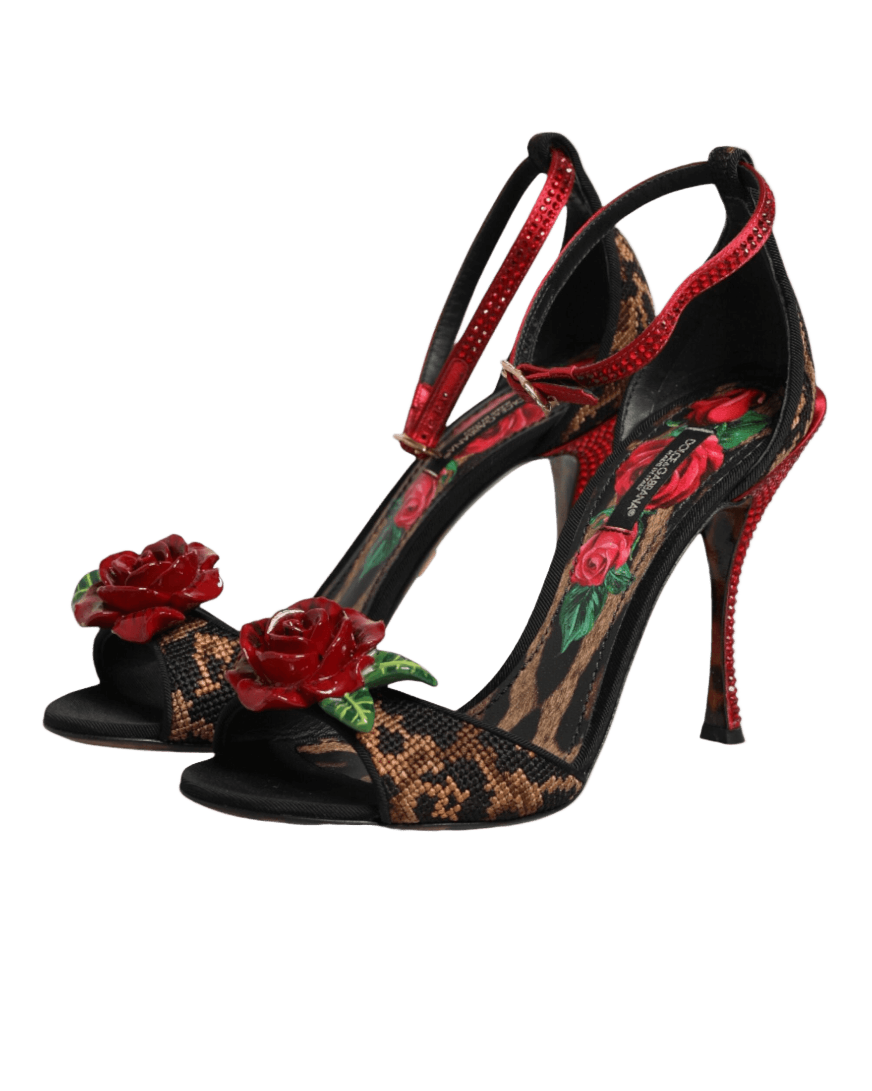 Dolce & Gabbana Brown Leopard Crystal Roses Sandals Shoes Heels