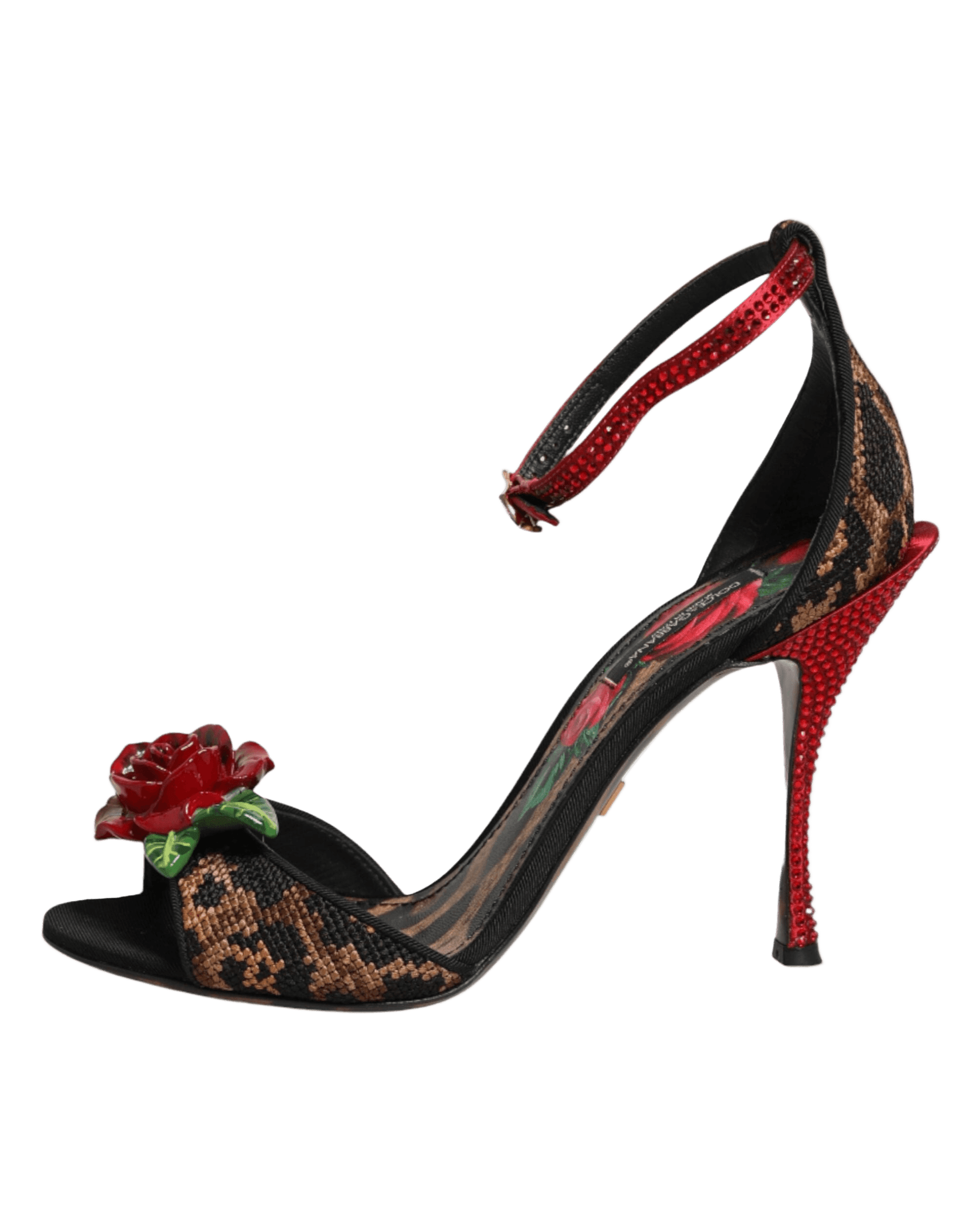 Dolce & Gabbana Brown Leopard Crystal Roses Sandals Shoes Heels
