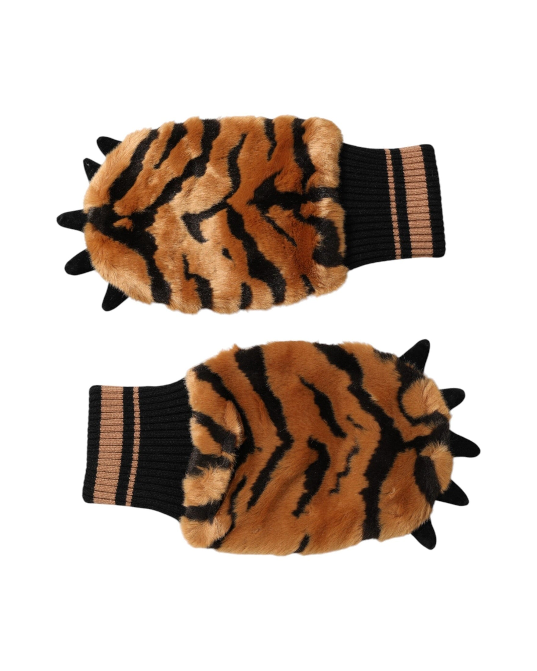 Dolce & Gabbana Brown Tiger Knitted Fur Wrist Mitten Gloves Glam Steals