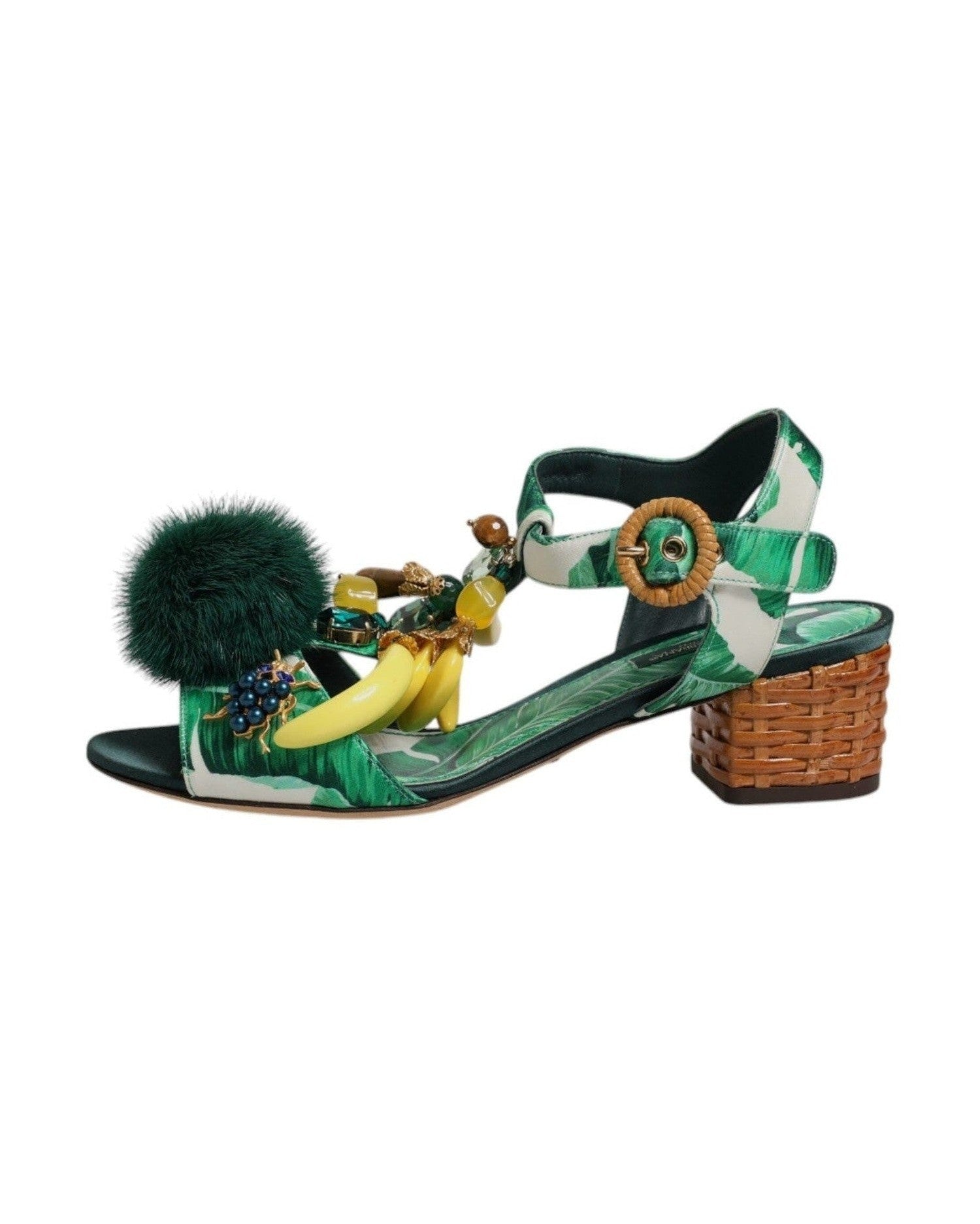 Dolce & Gabbana Crystal Fur Embellished Sandals Green Shoes Glam Steals