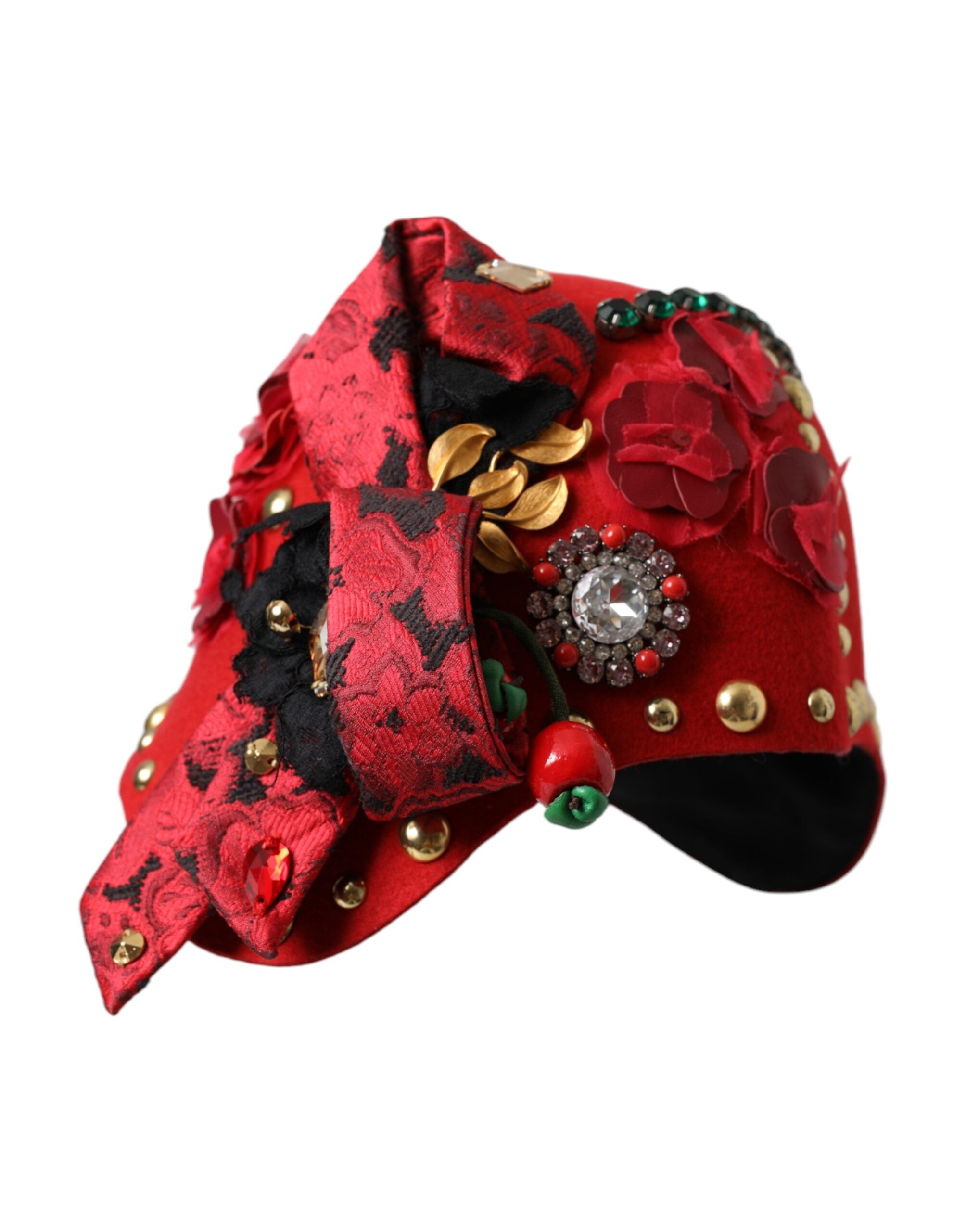 Dolce & Gabbana Crystal Roses Brooch Embellished Red Gold Hat Glam Steals