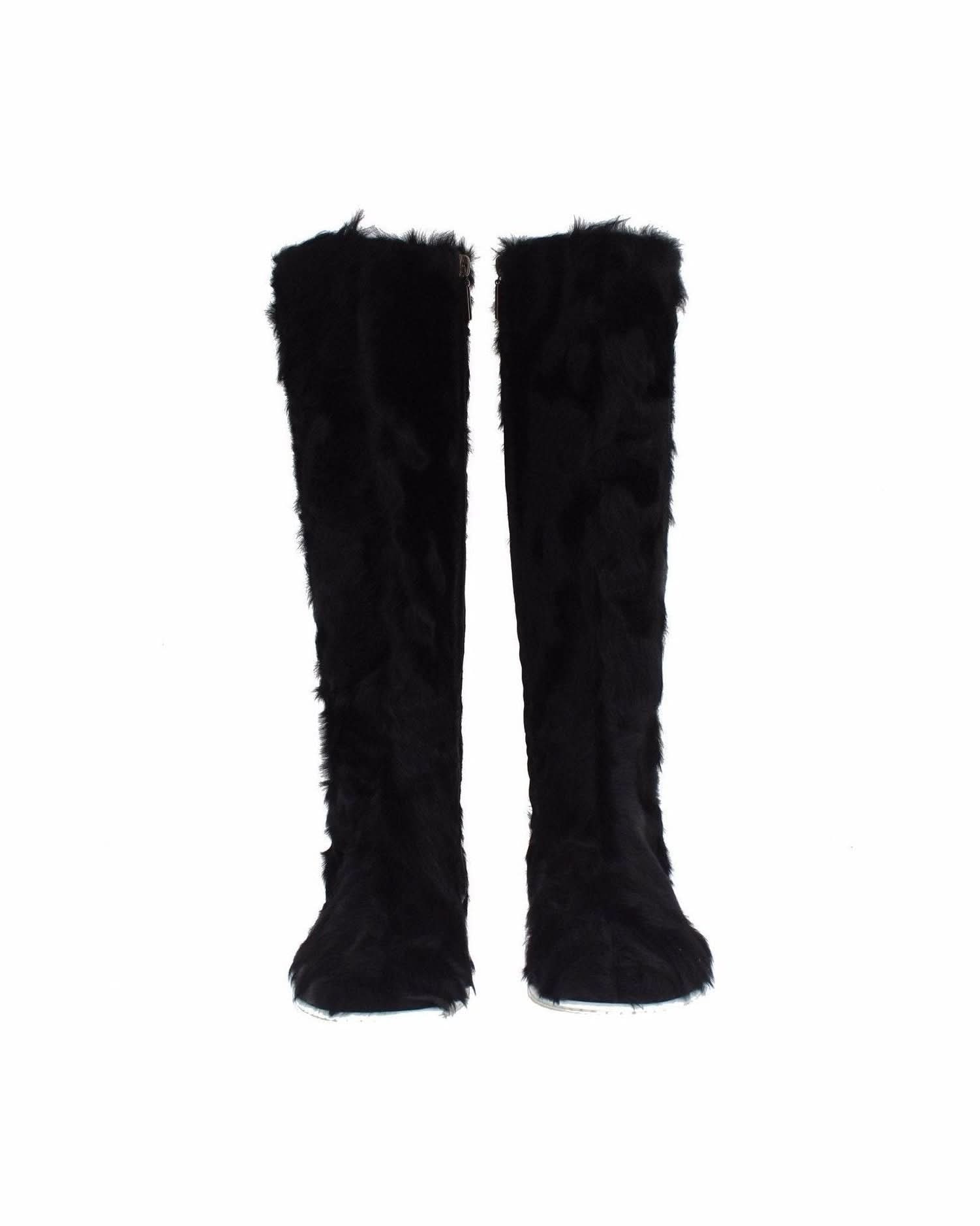 Dolce & Gabbana Black Elegant Fur Leather Flat Sneaker Boots Boots
