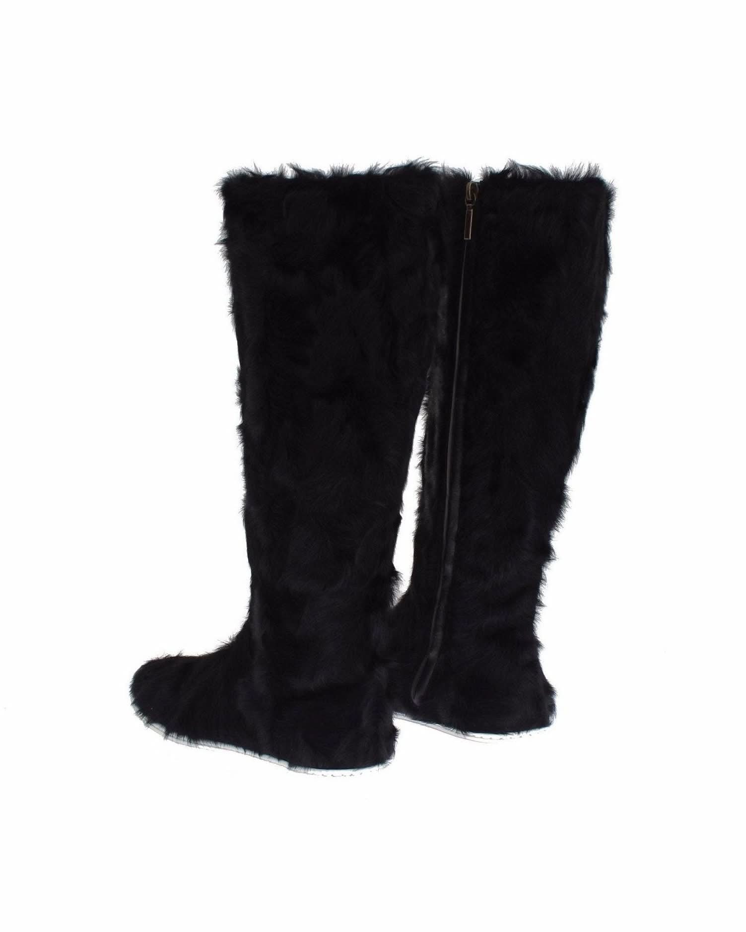 Dolce & Gabbana Black Elegant Fur Leather Flat Sneaker Boots Boots