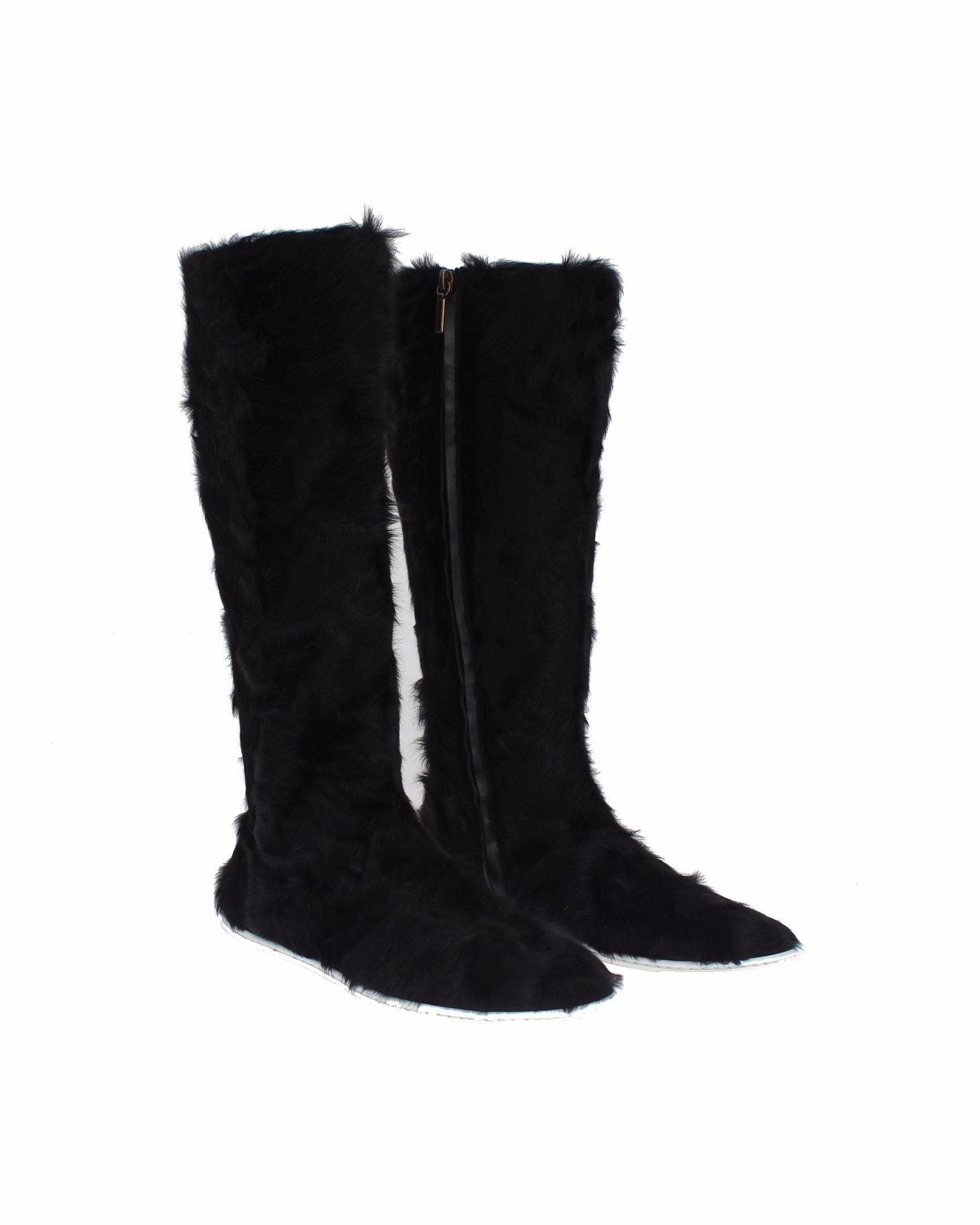 Dolce & Gabbana Elegant Fur Leather Flat Sneaker Black Boots Glam Steals