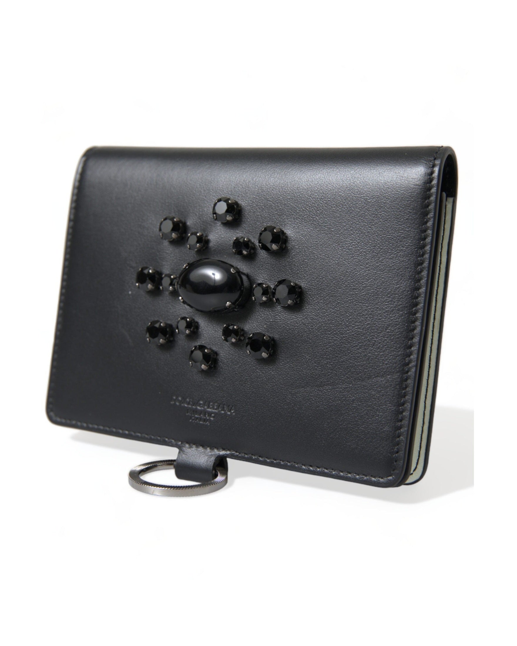Dolce & Gabbana Elegant Leather Crystal Card Holder Black Wallet Glam Steals
