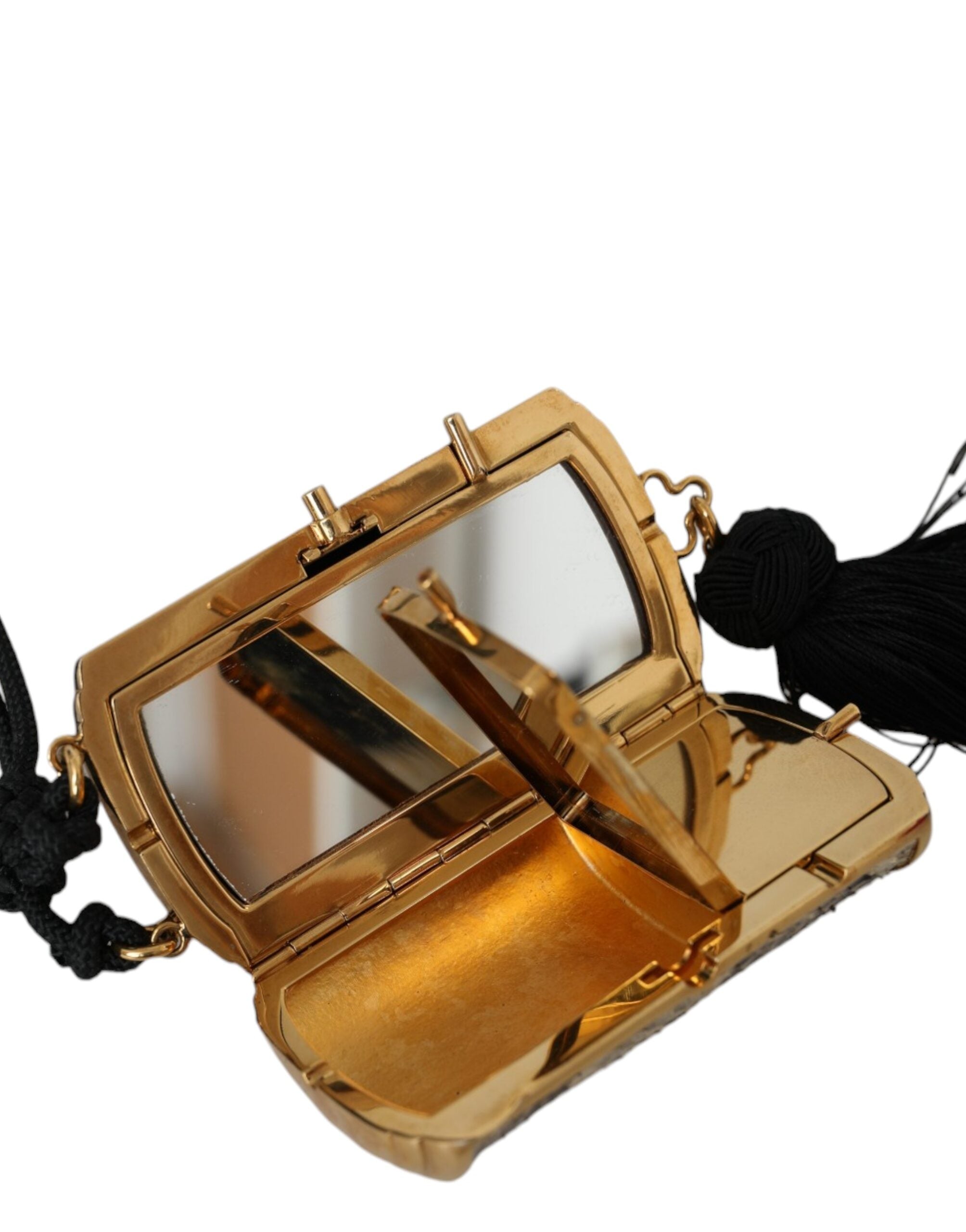 Dolce & Gabbana Exotic Leather Mini Mirror Tassel Make Up Holder Beige Bag Glam Steals