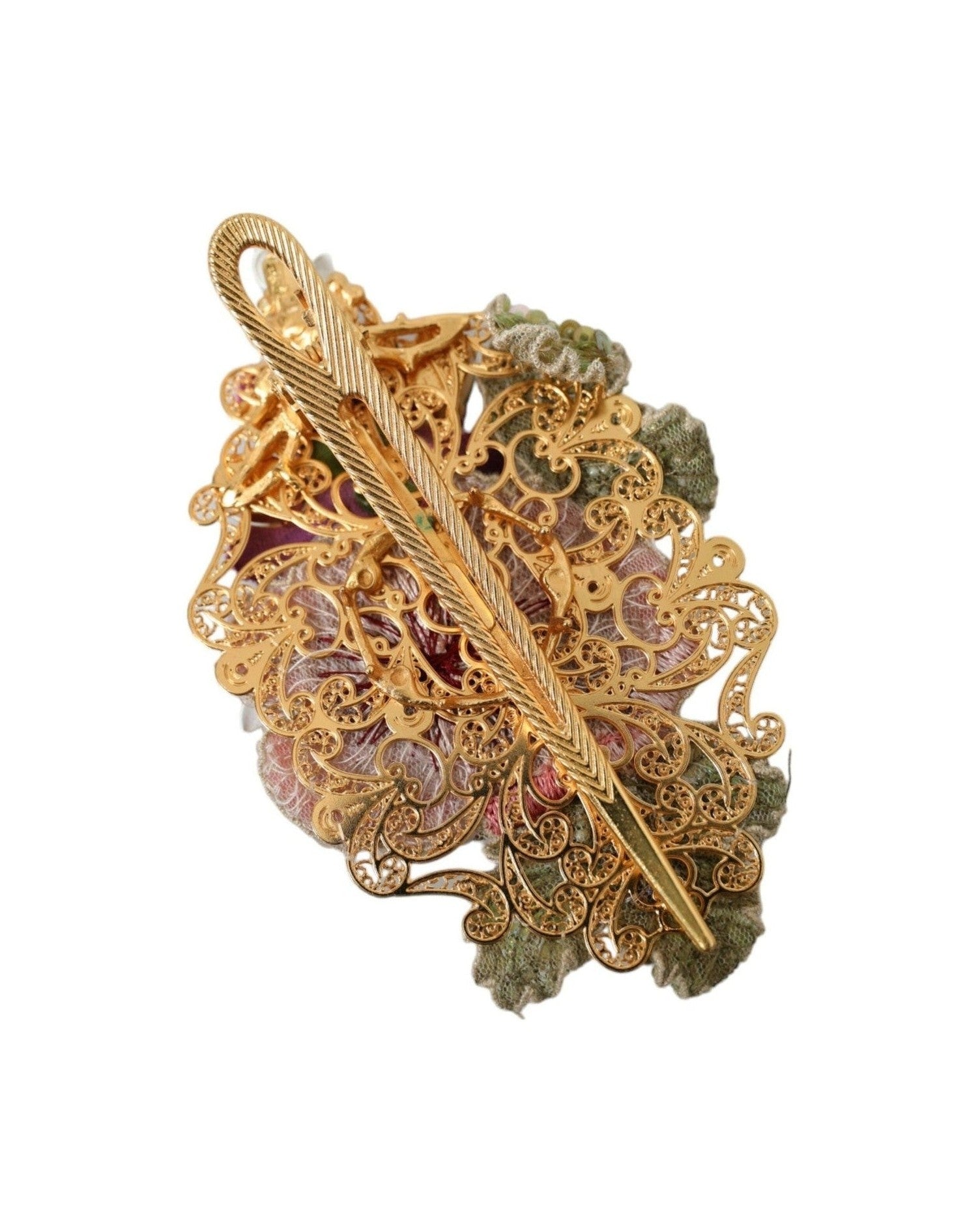 Dolce & Gabbana Brass Floral Crystal Sequined Hair Gold Clip Glam Steals