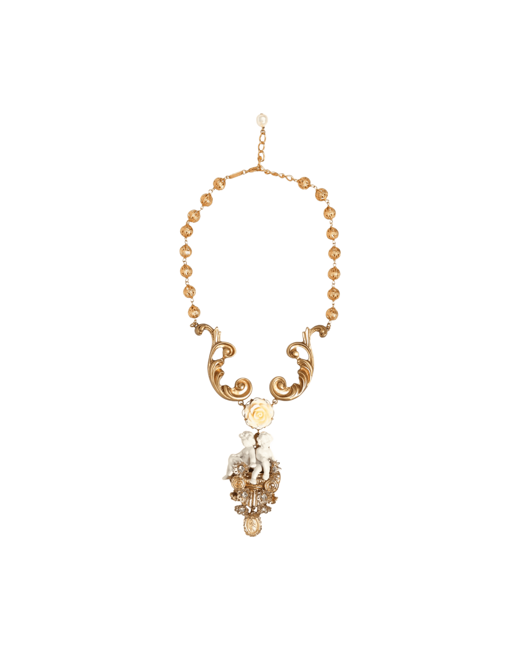 Dolce & Gabbana Gold Ceramic Crystal Cherub Baroque Pendant Necklace Necklaces