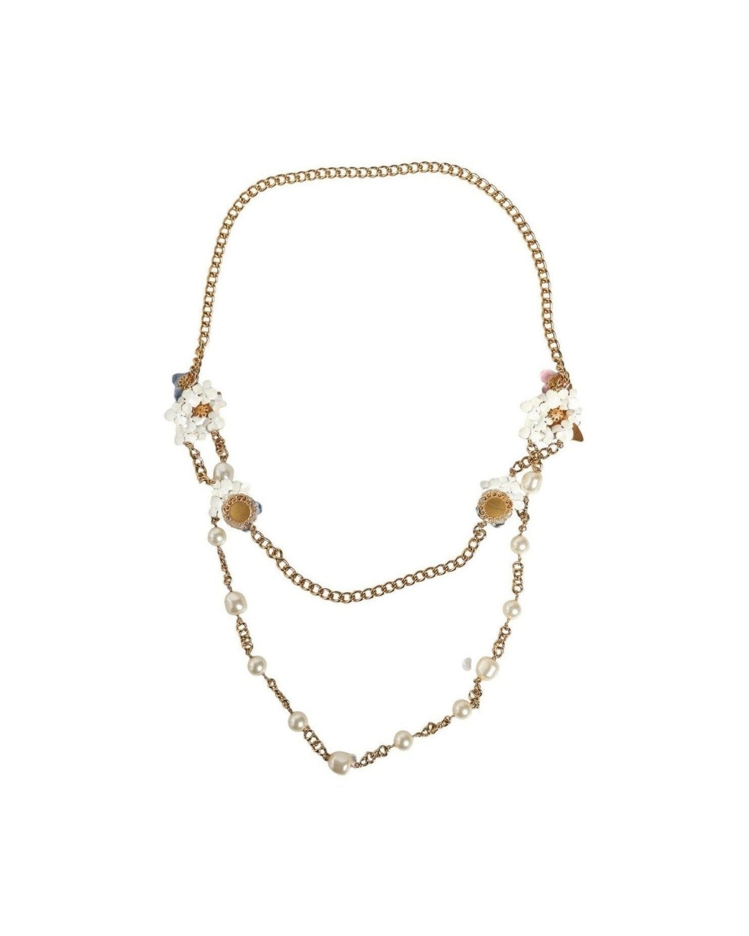 Dolce & Gabbana Chain Brass Floral Layered Crystal Pearl Gold Necklace Glam Steals