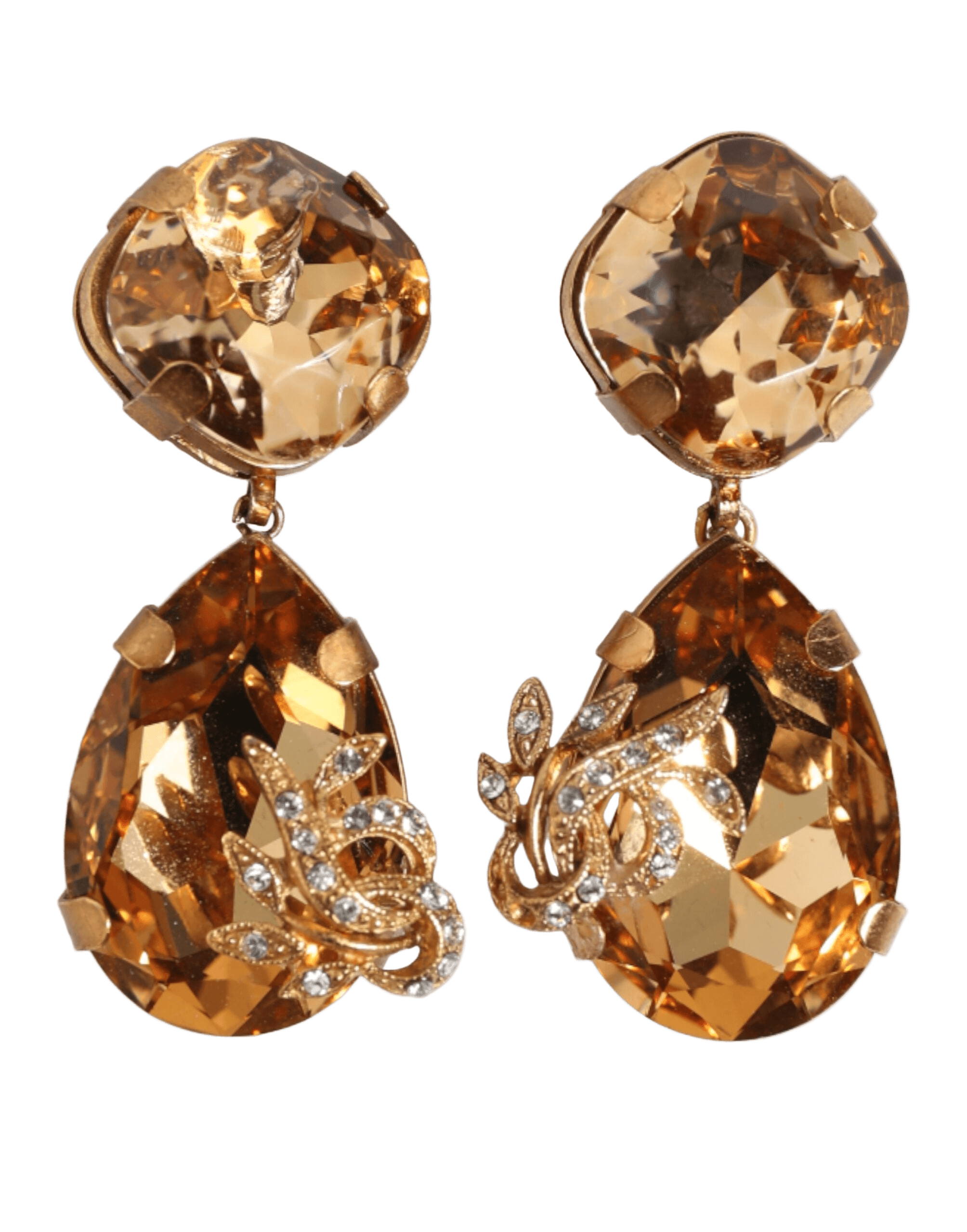 Dolce & Gabbana Gold Crystal Drop Clip-On Strass Floral Jewelry Earrings Glam Steals