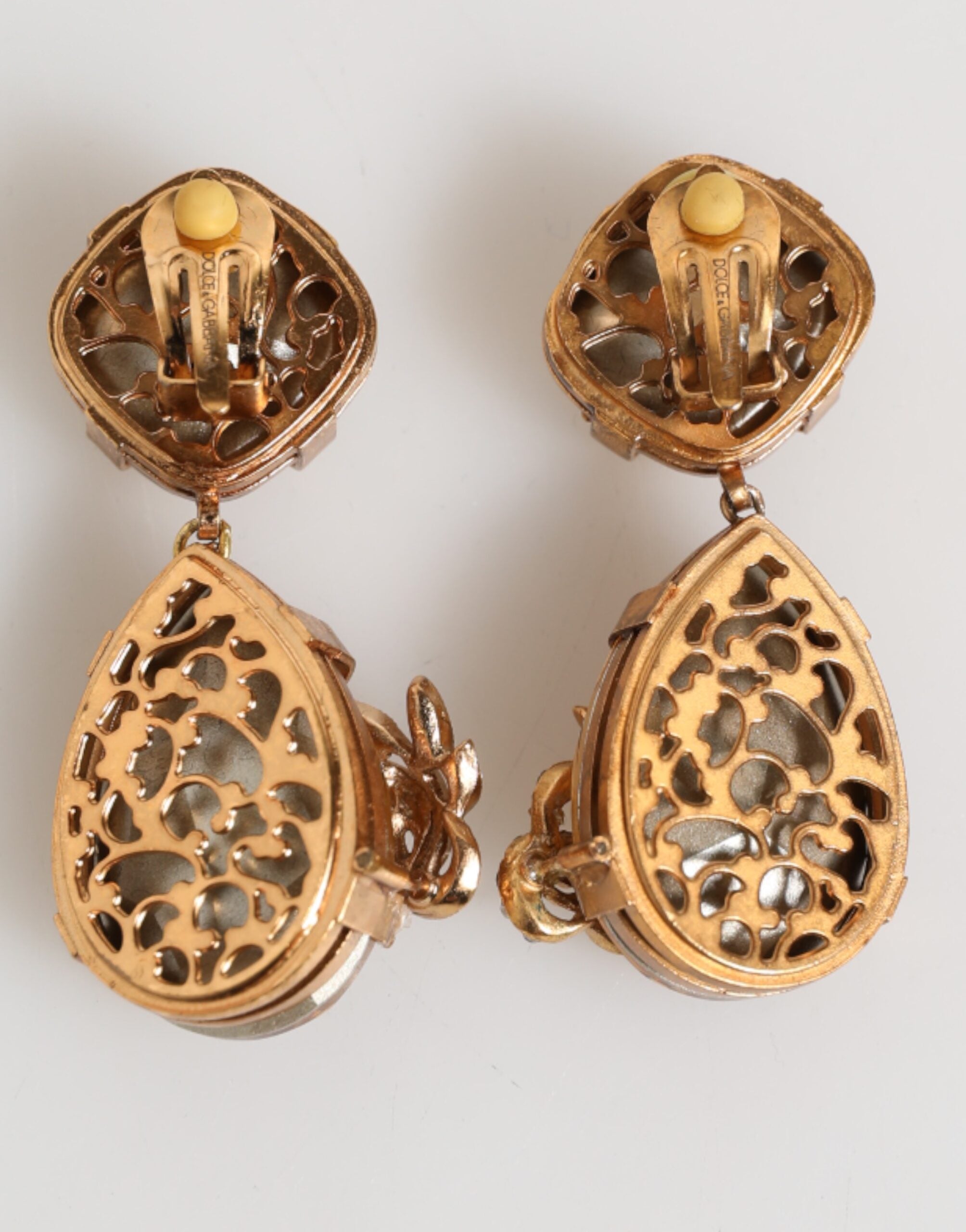 Dolce & Gabbana Gold Crystal Drop Clip-On Strass Floral Jewelry Earrings Glam Steals