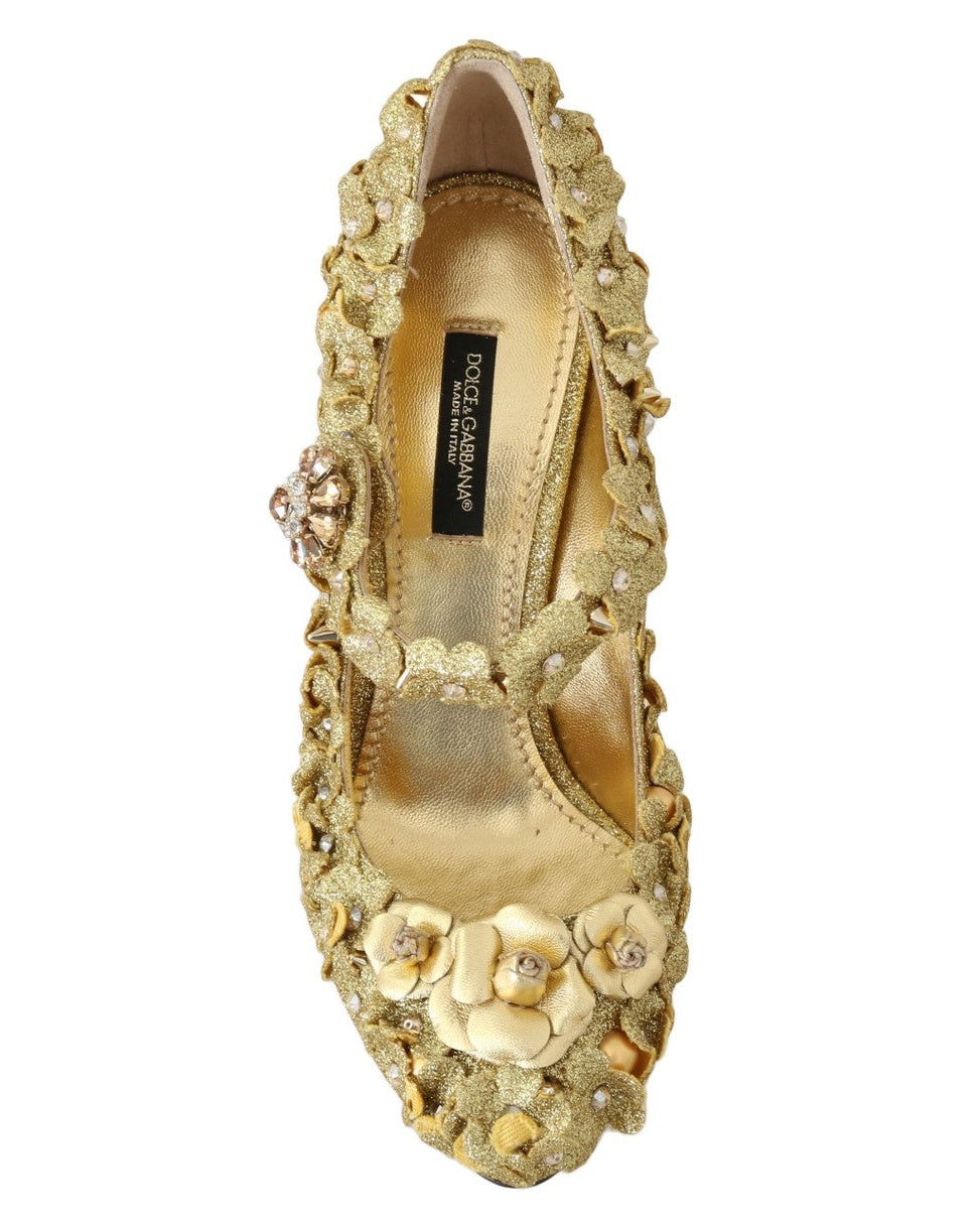 Dolce & Gabbana Gold Floral Crystal Mary Janes Pumps Heels