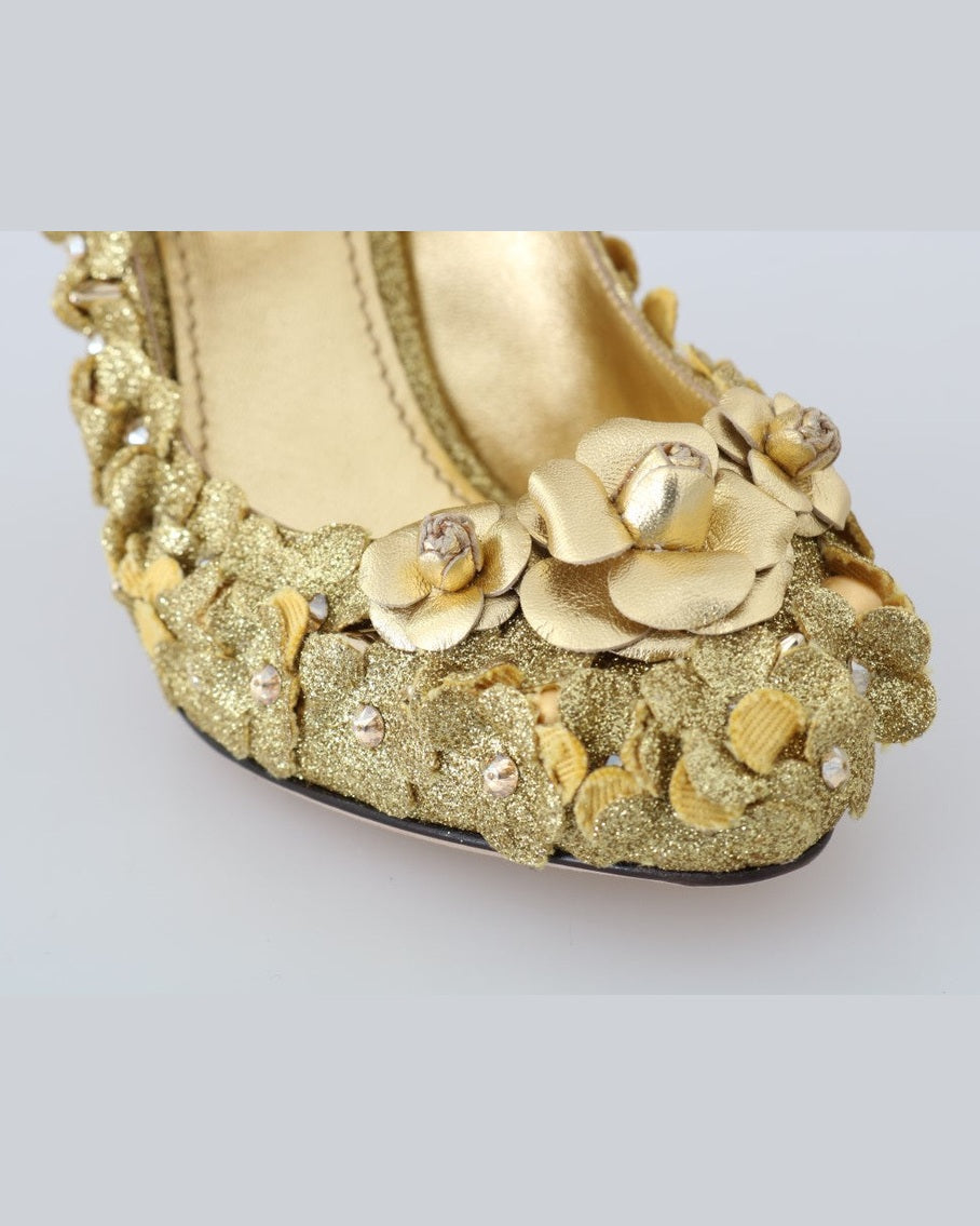 Dolce & Gabbana Gold Floral Crystal Mary Janes Pumps Heels
