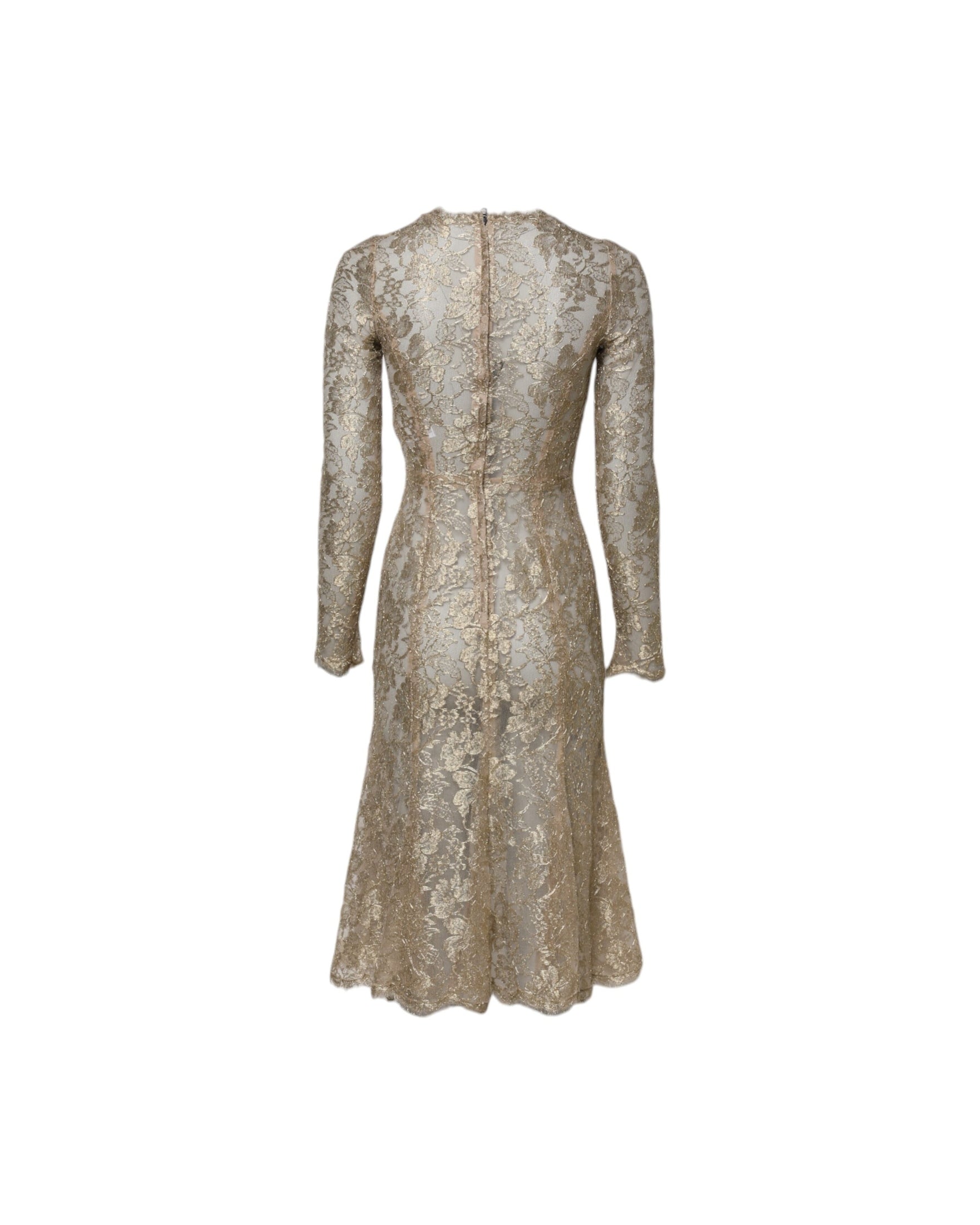 Dolce & Gabbana Gold Lace Floral Long Sleeves Fit Flare Dress Glam Steals