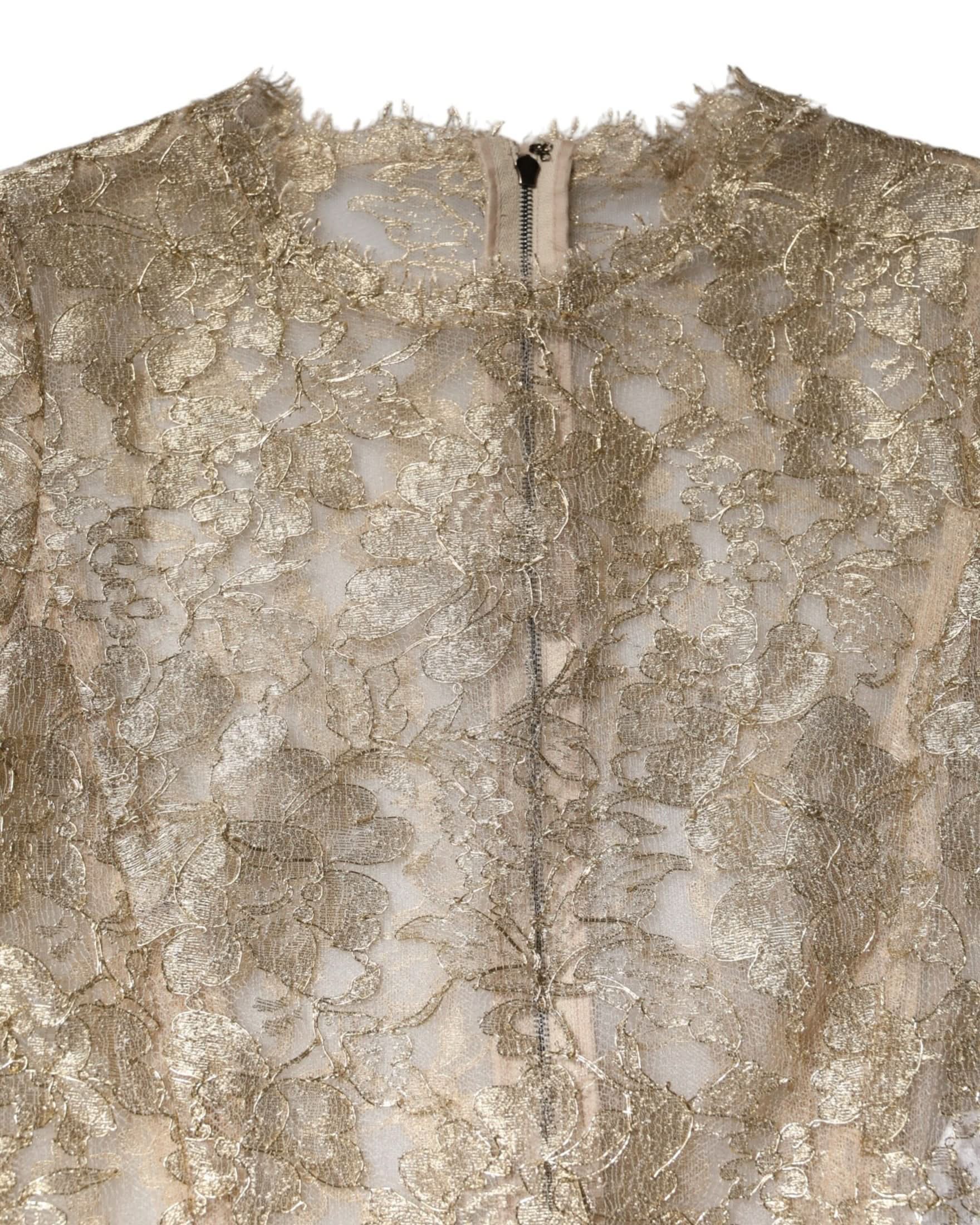 Dolce & Gabbana Gold Lace Floral Long Sleeves Fit Flare Dress Dresses