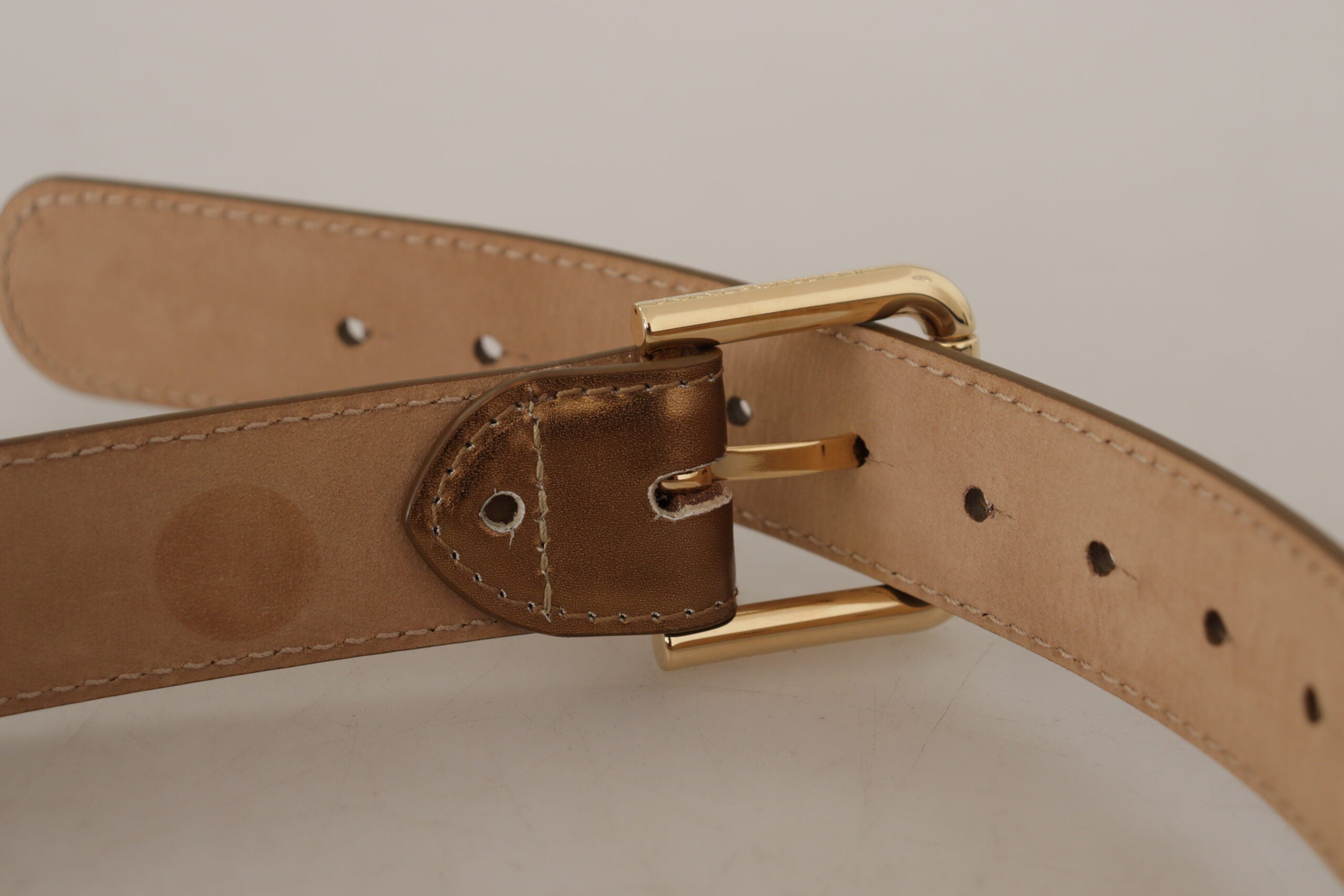 Dolce & Gabbana Gold Leather Bronze Logo Engraved Waist Buckle Belt Glam Steals