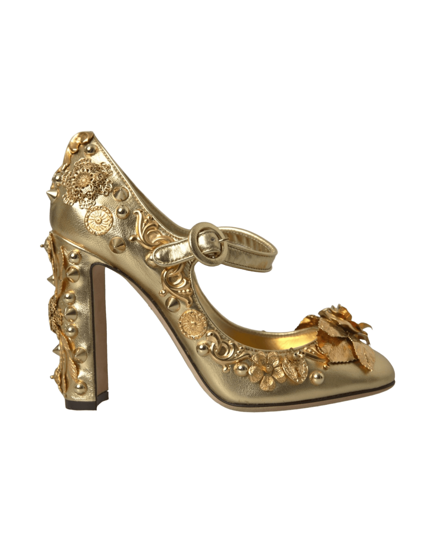 Dolce & Gabbana Gold Leather Crystal Mary Janes Pumps Shoes Heels