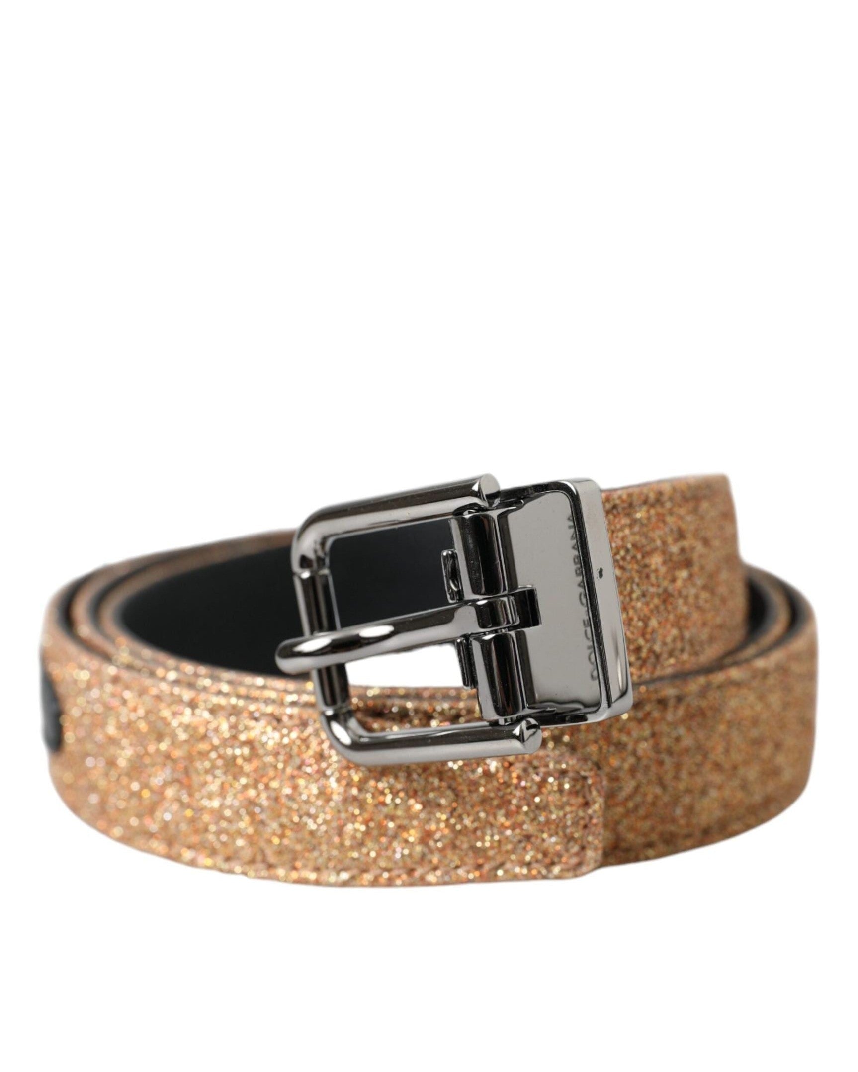 Dolce & Gabbana Gold Leather Glitter Silver Metal Buckle Belt Belts