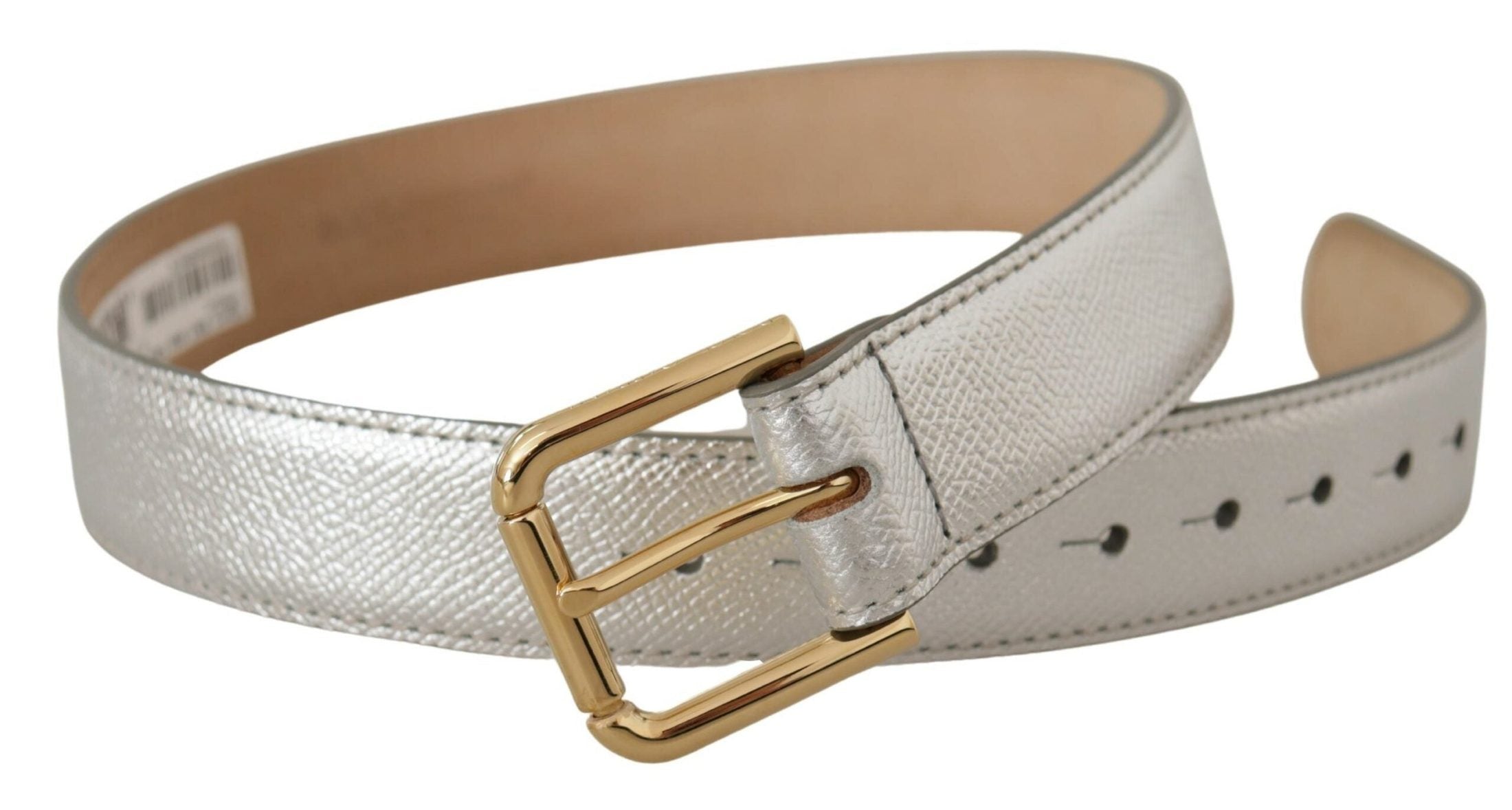Dolce & Gabbana Gold Leather Silver Tone Logo Metal Waist Buckle Belt Belts