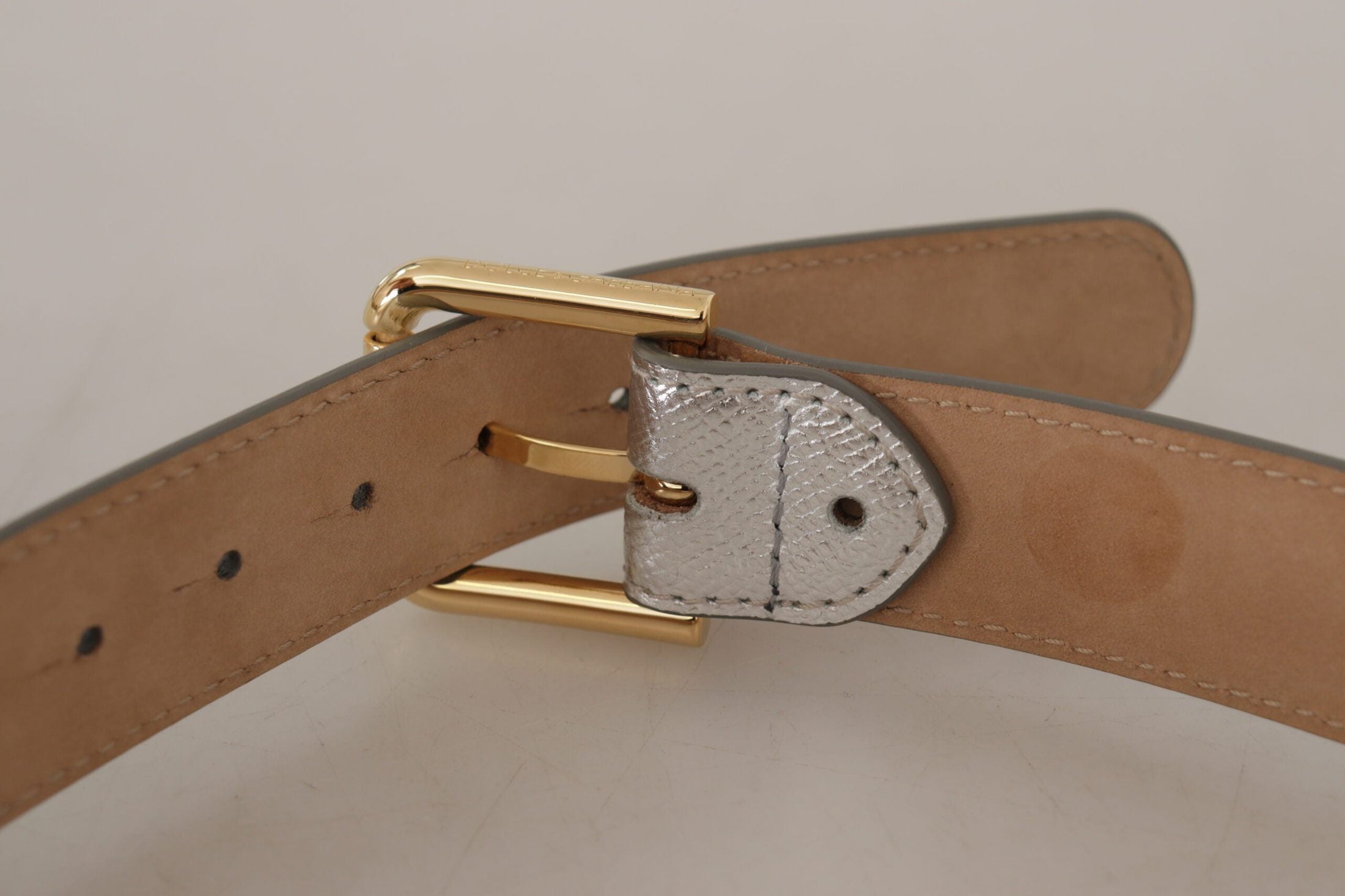 Dolce & Gabbana Gold Leather Silver Tone Logo Metal Waist Buckle Belt Belts