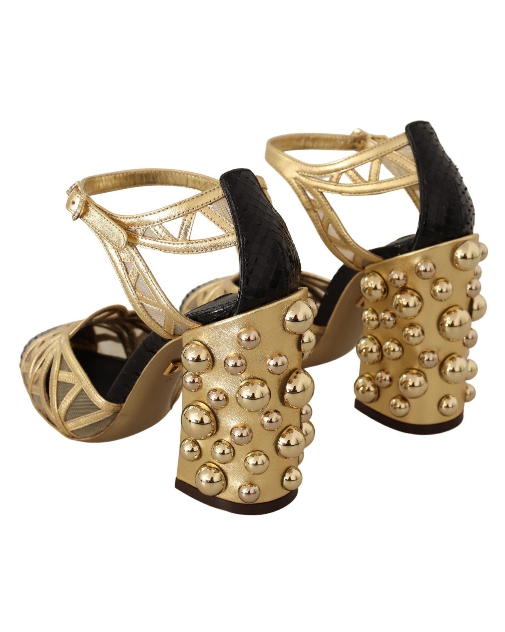 Dolce & Gabbana Gold Leather Studded Ankle Straps Shoes Heels