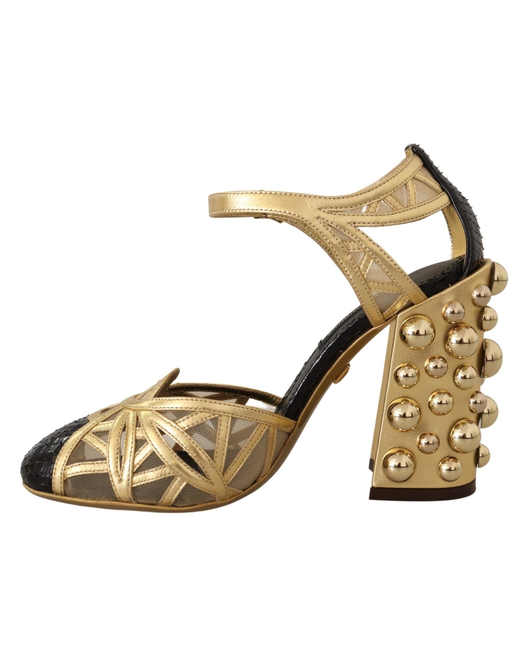 Dolce & Gabbana Gold Leather Studded Ankle Straps Shoes Heels