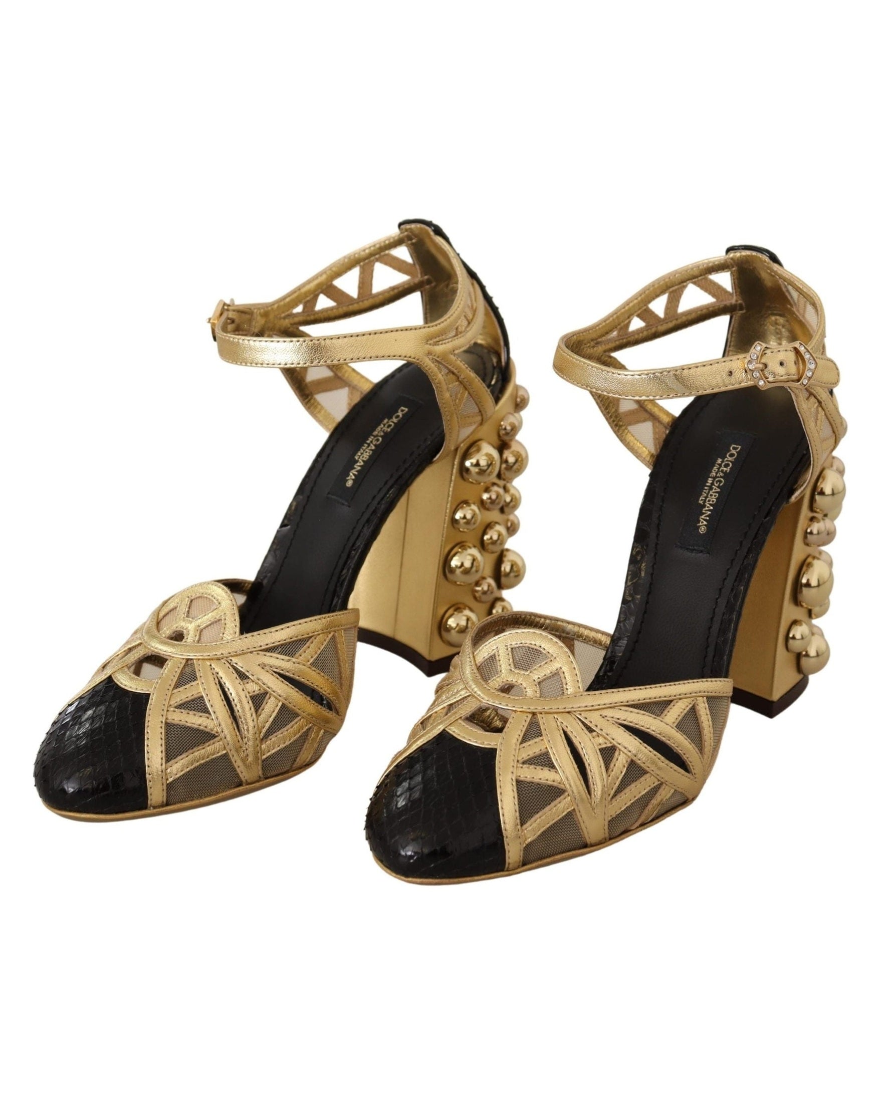 Dolce & Gabbana Gold Leather Studded Ankle Straps Shoes Heels