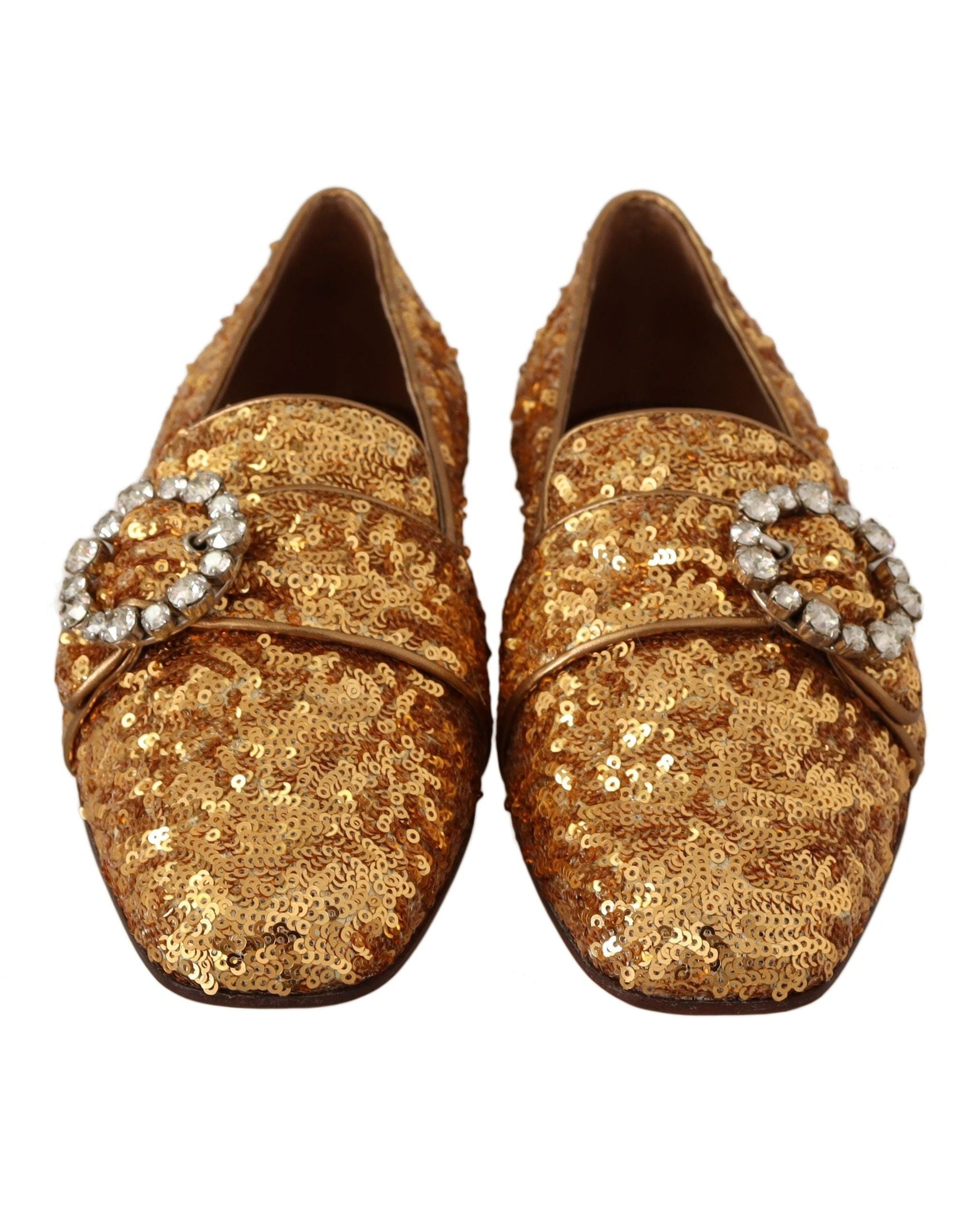Dolce & Gabbana Gold Sequin Crystal Flat Loafers Shoes Flats