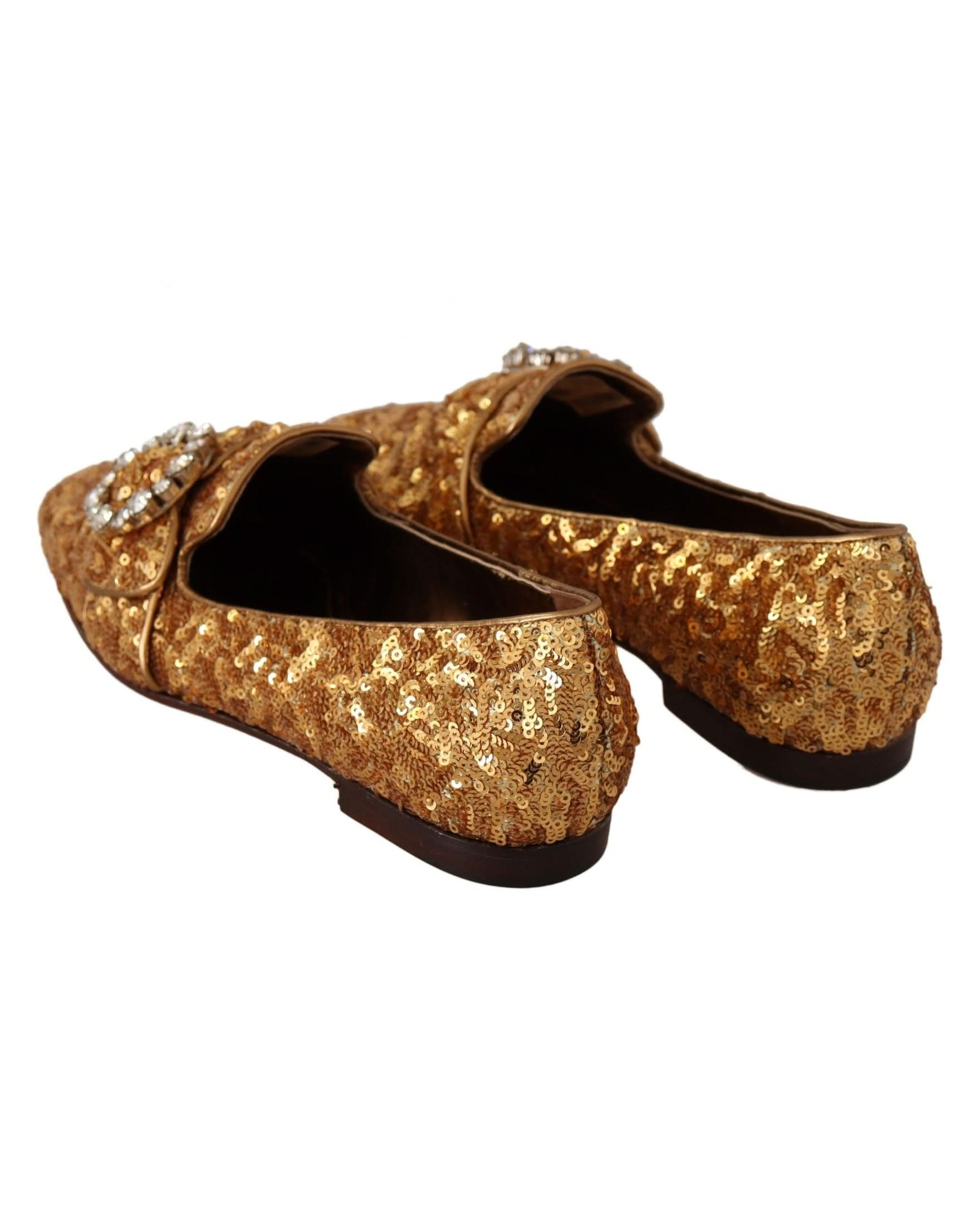Dolce & Gabbana Gold Sequin Crystal Flat Loafers Shoes Flats