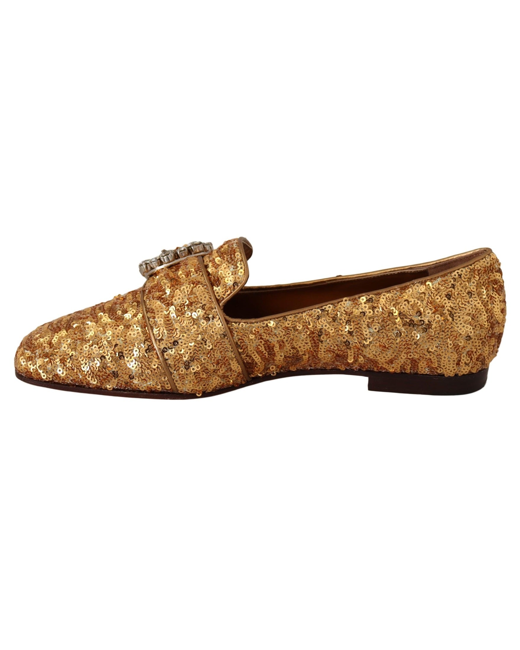 Dolce & Gabbana Gold Sequin Crystal Flat Loafers Shoes Flats